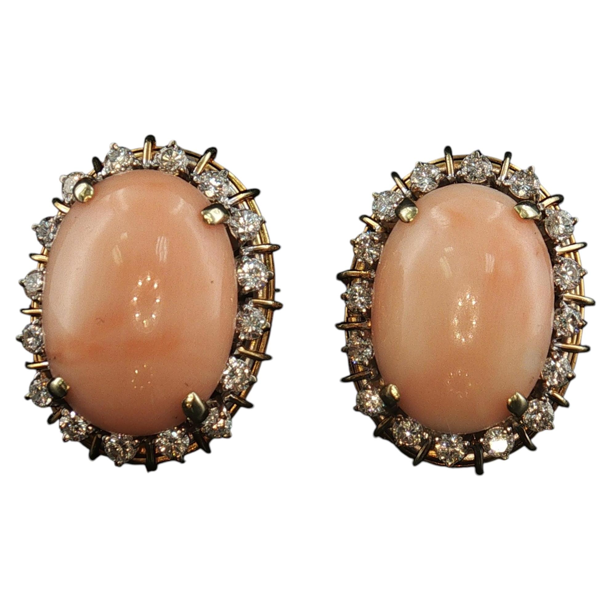 Vintage 14K Gold Natural Pink Coral & Diamond Halo Omega Back Earrings