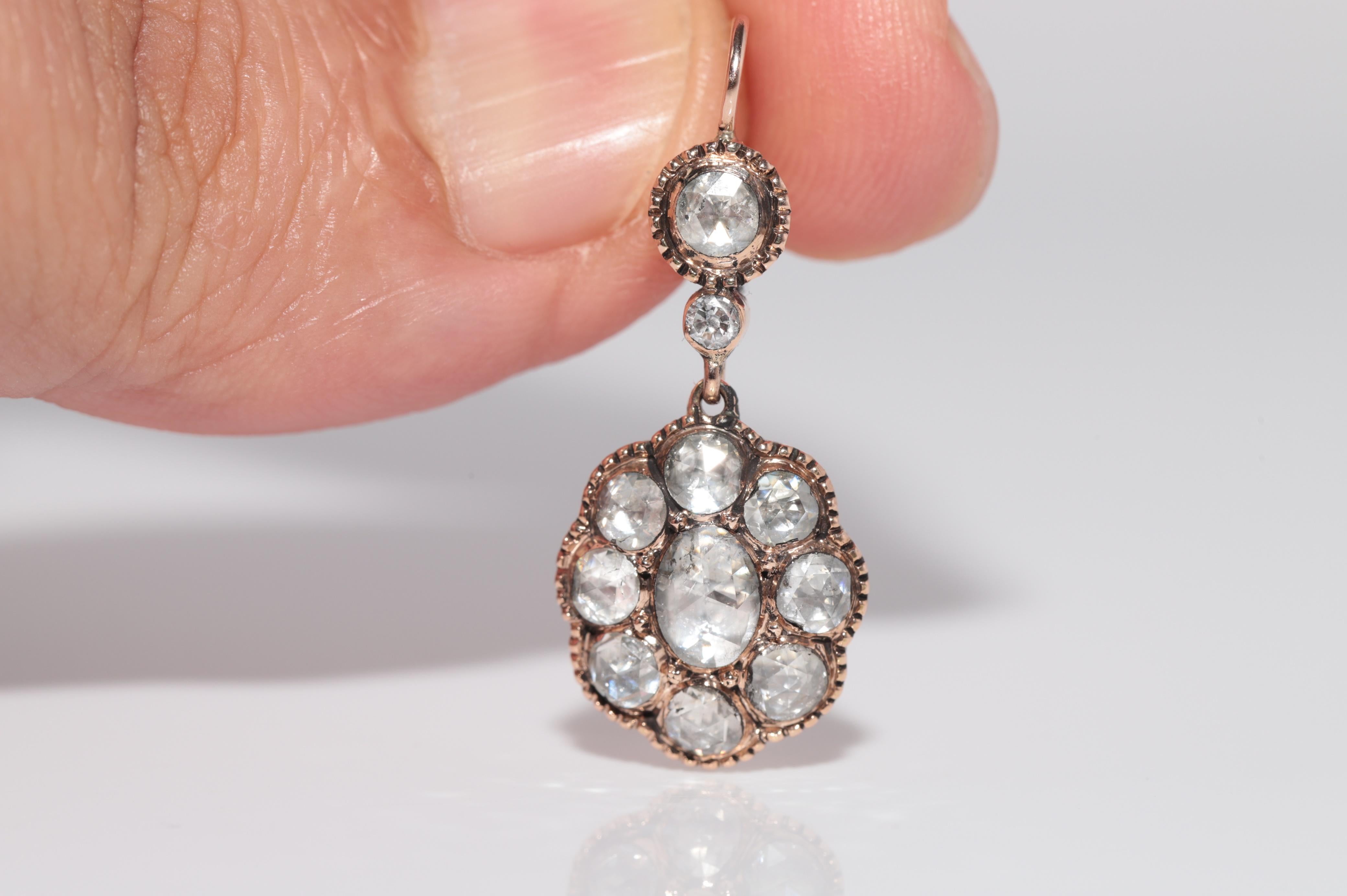 Dekorierter Vintage 14k Gold Tropfenohrring mit natürlichem Diamanten im Rosenschliff Damen im Angebot