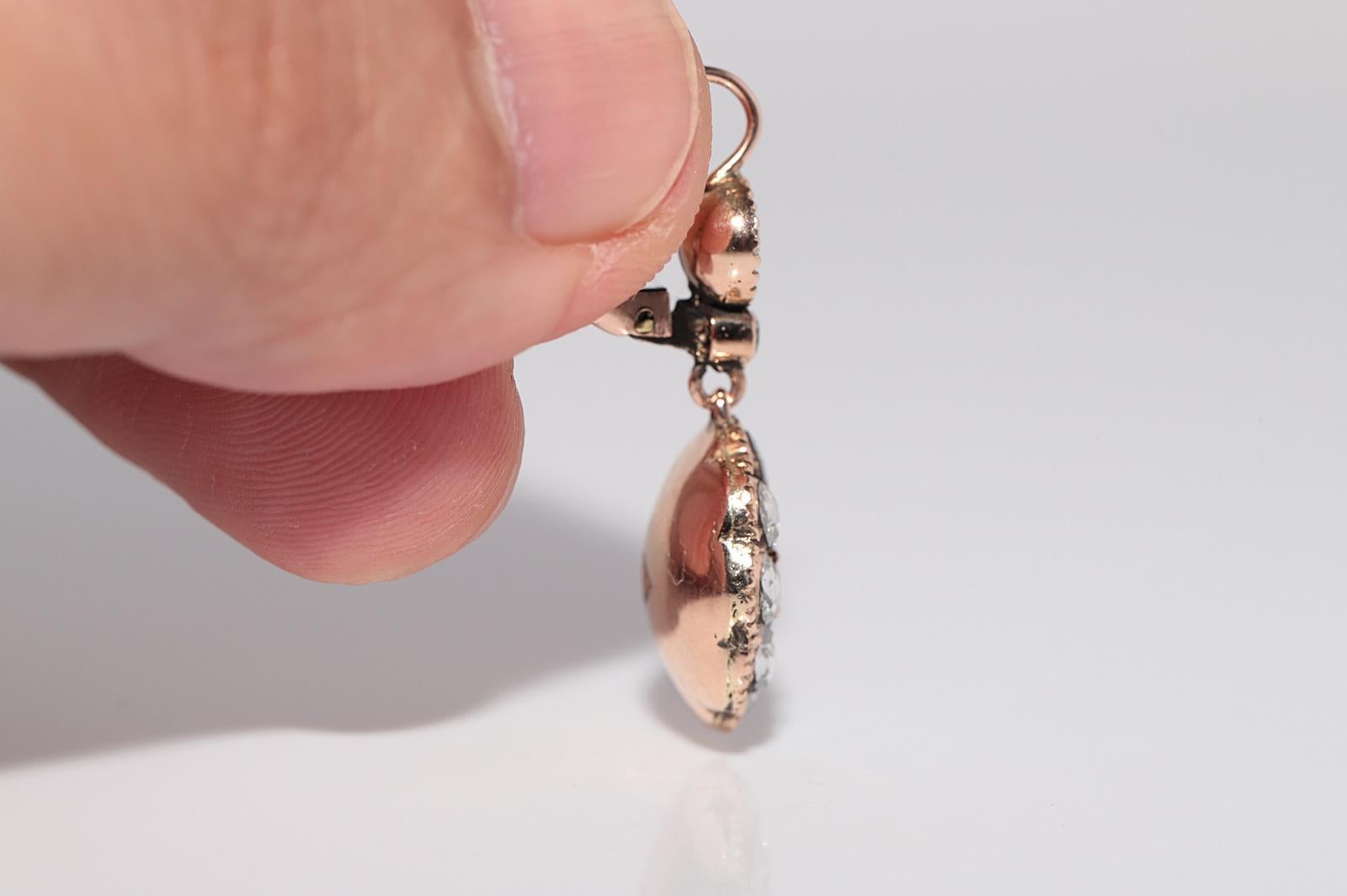 Dekorierter Vintage 14k Gold Tropfenohrring mit natürlichem Diamanten im Rosenschliff im Angebot 1