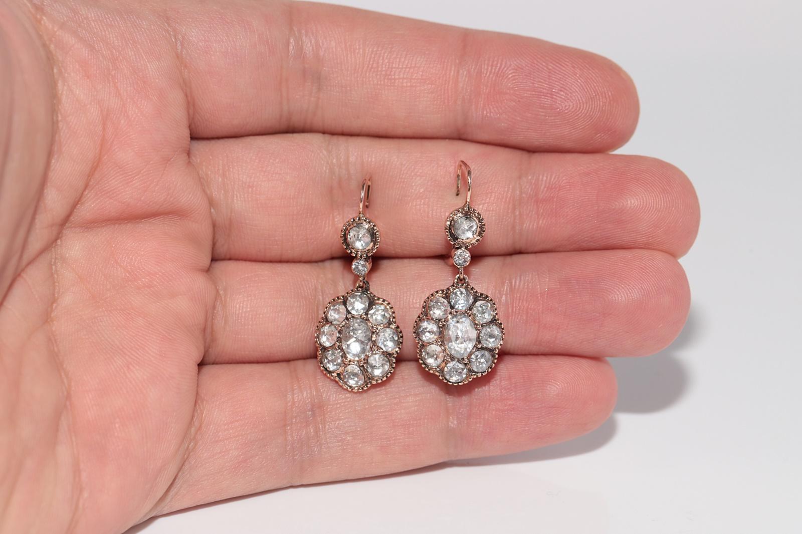 Dekorierter Vintage 14k Gold Tropfenohrring mit natürlichem Diamanten im Rosenschliff im Angebot 3