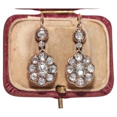 Boucles d'oreilles pendantes vintage en or 14 carats décorées de diamants naturels taille rose