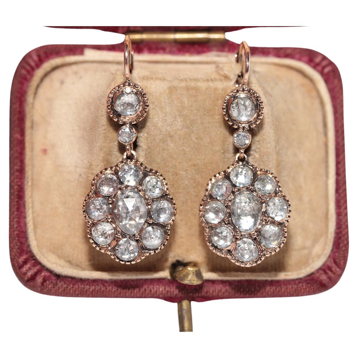 Pendiente de gota decorado con diamantes naturales talla rosa de oro vintage de 14k