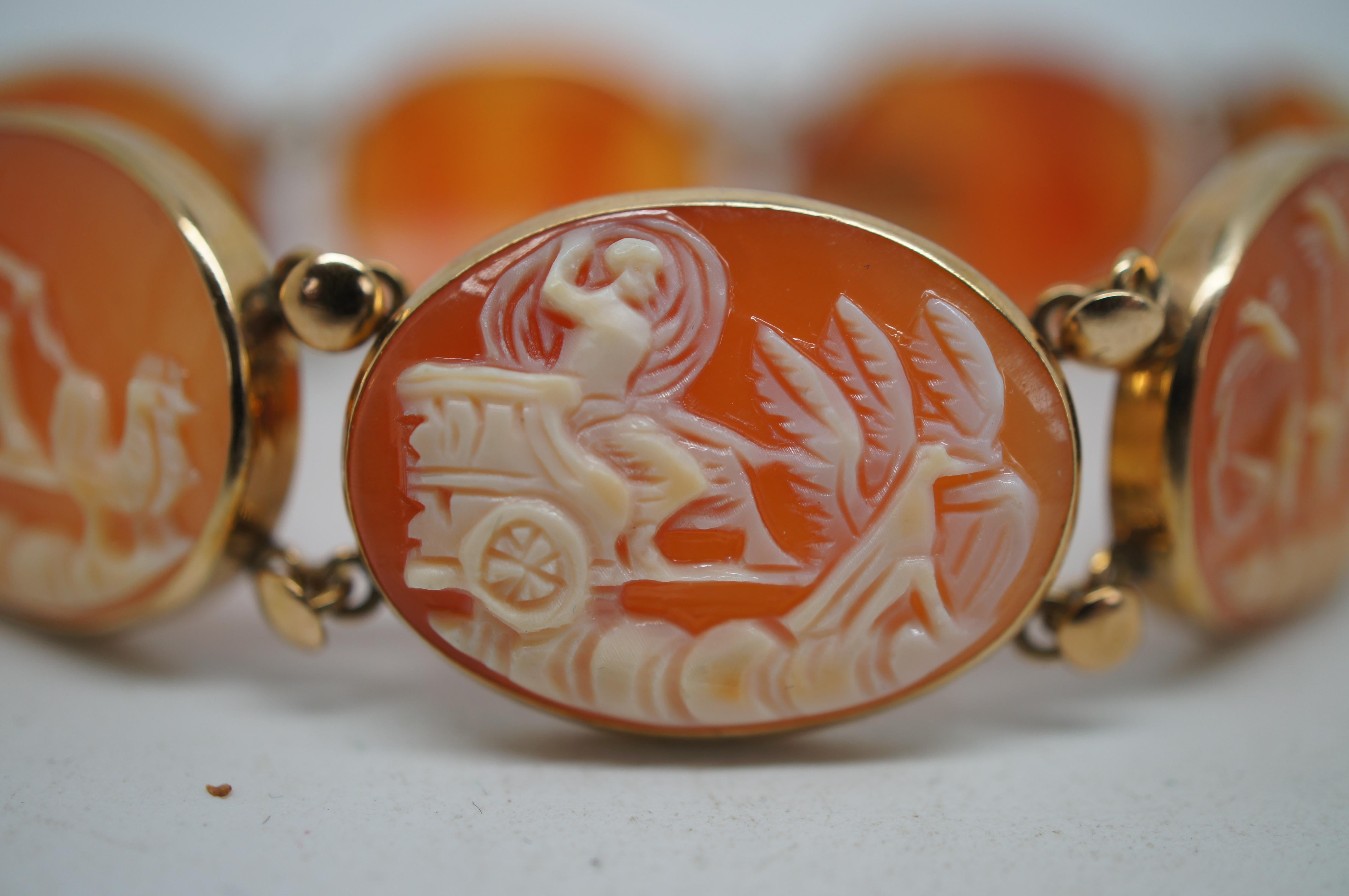 Vintage 14K Gold Neoclassical Cameo Shell Bracelet Roman Chariots Gods 7.5 For Sale 5
