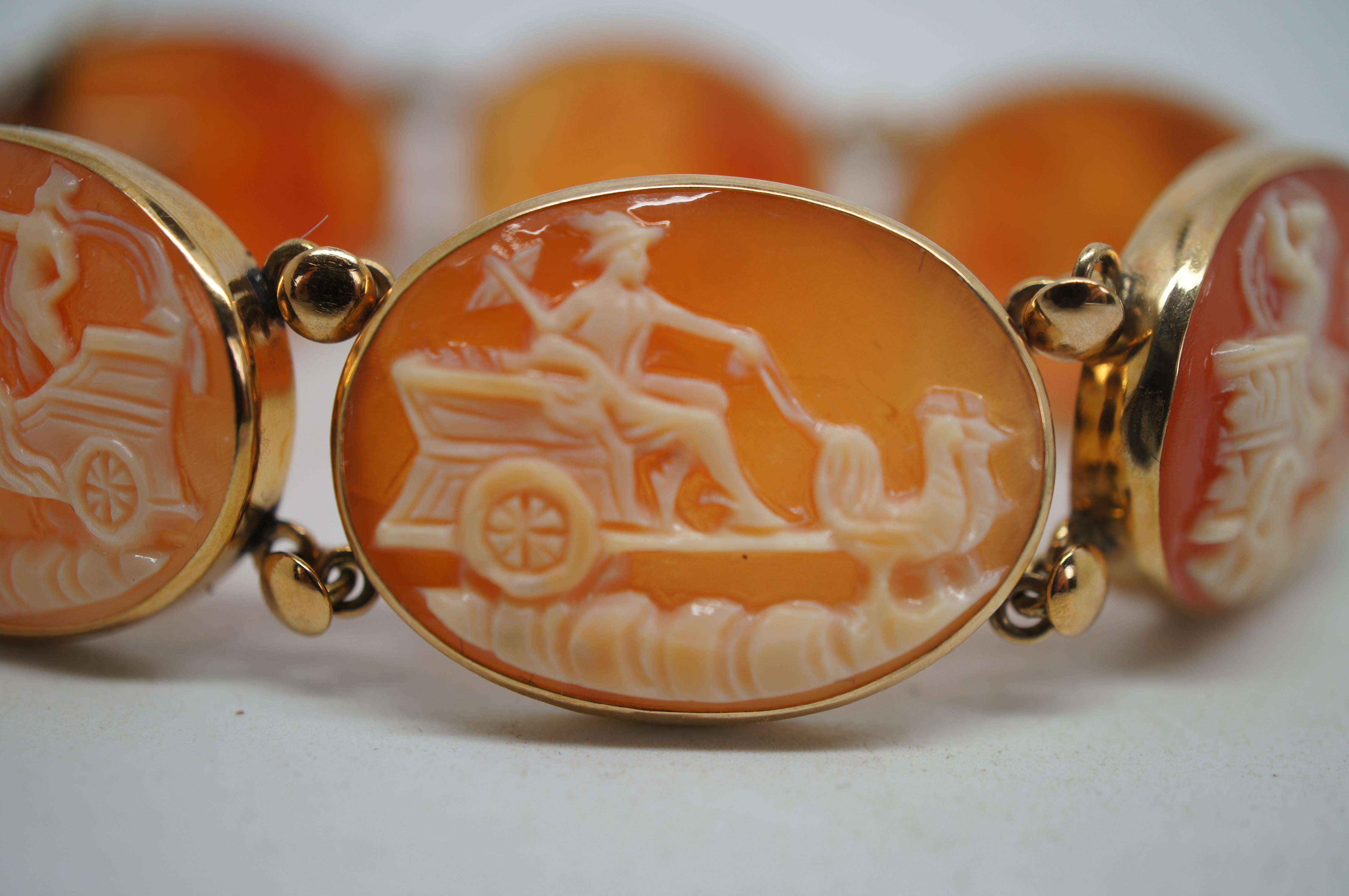 Vintage 14K Gold Neoclassical Cameo Shell Bracelet Roman Chariots Gods 7.5 For Sale 6