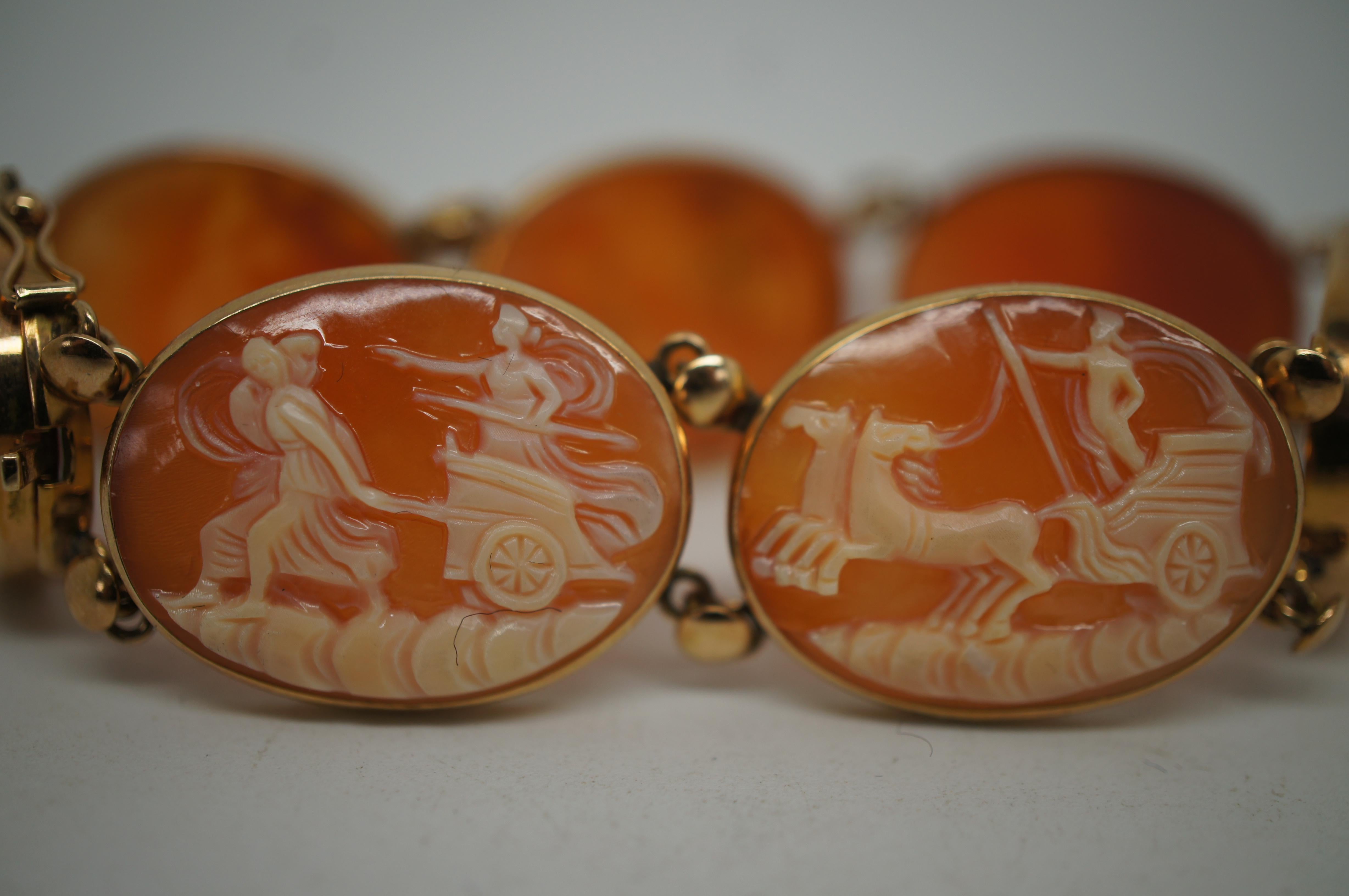 Vintage 14K Gold Neoclassical Cameo Shell Bracelet Roman Chariots Gods 7.5 7