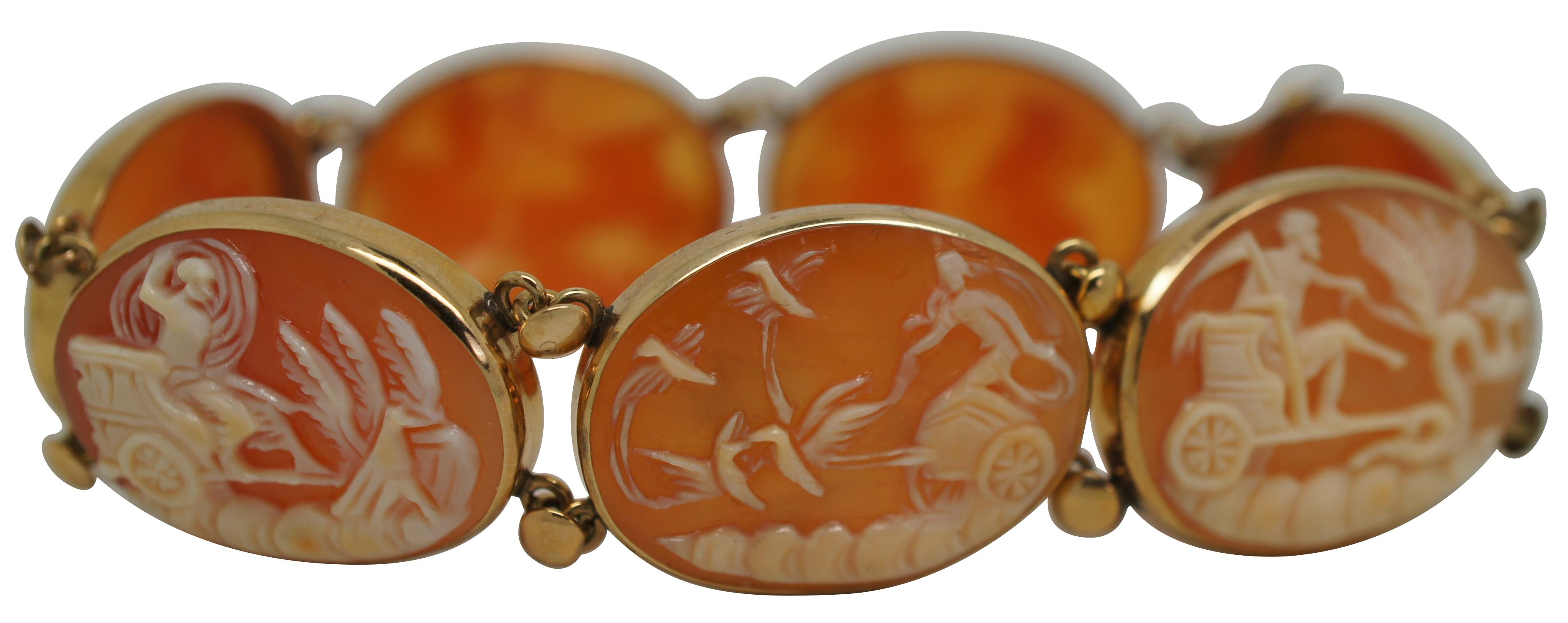 Vintage mid 20th century Italian 14k yellow gold and carved shell cameo bracelet with open box clasp, featuring seven discrete neoclassical scenes of Greek / Roman gods and goddesses driving chariots.
