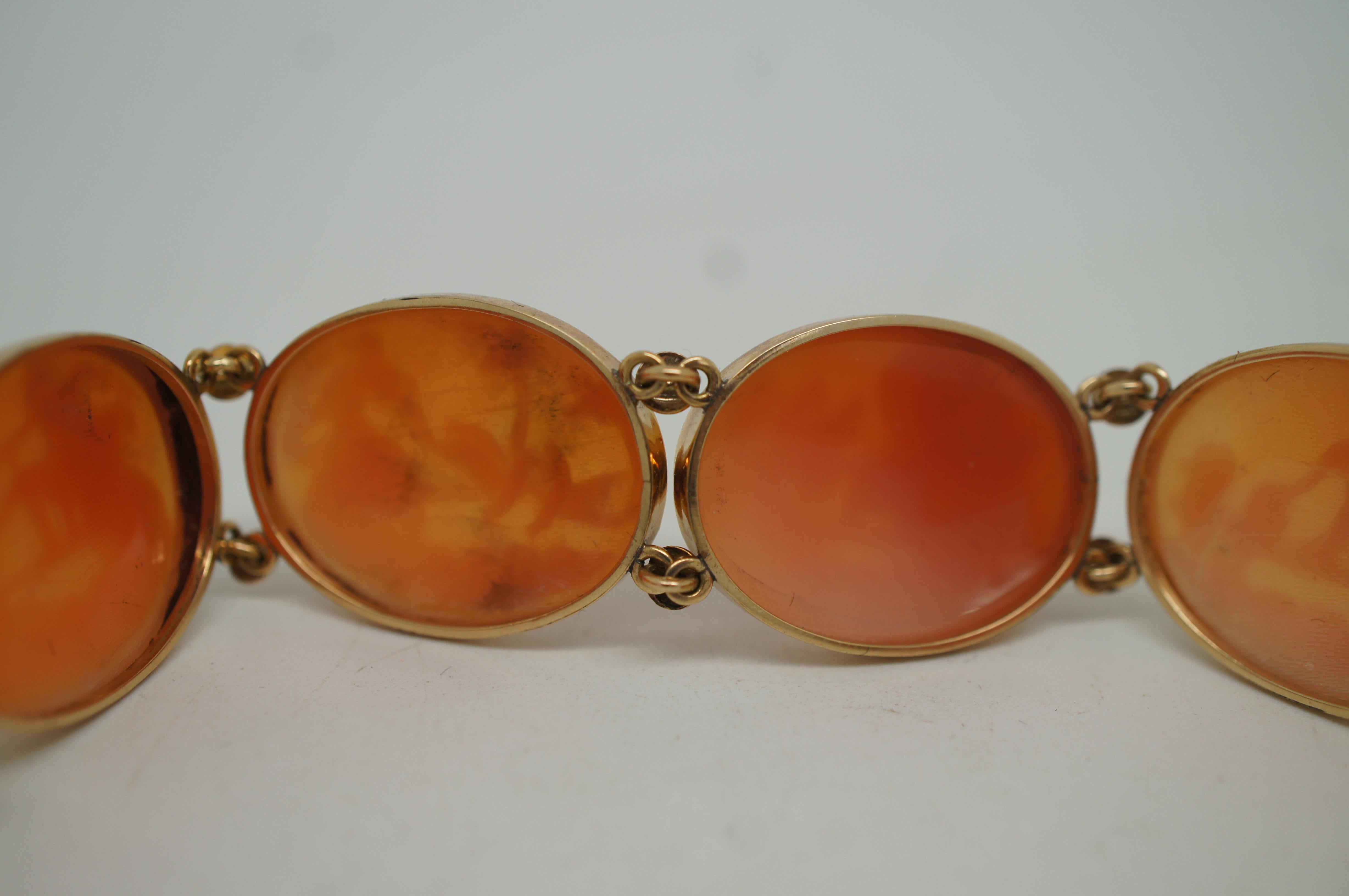 20th Century Vintage 14K Gold Neoclassical Cameo Shell Bracelet Roman Chariots Gods 7.5 For Sale