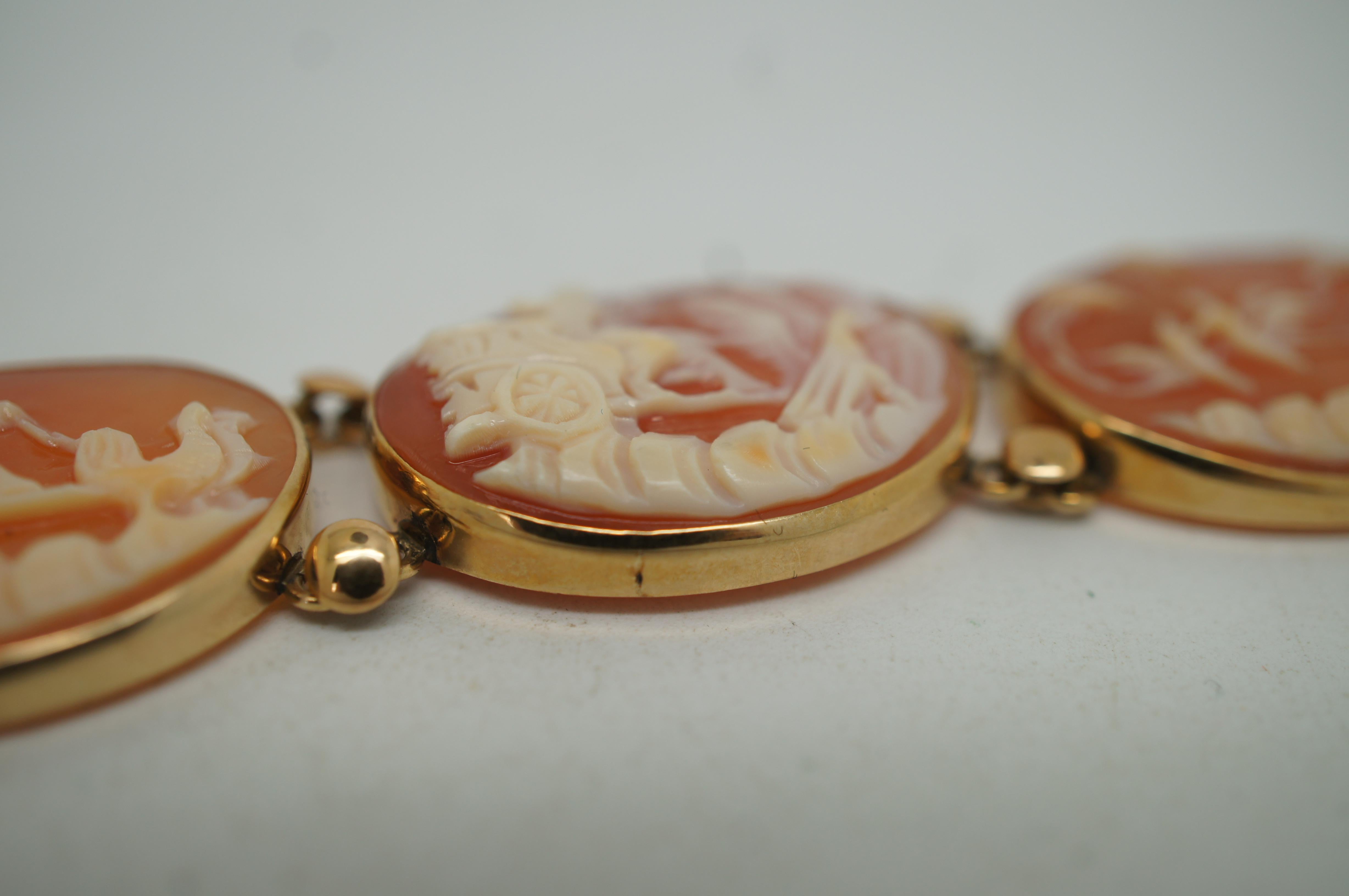 Vintage 14K Gold Neoclassical Cameo Shell Bracelet Roman Chariots Gods 7.5 For Sale 2