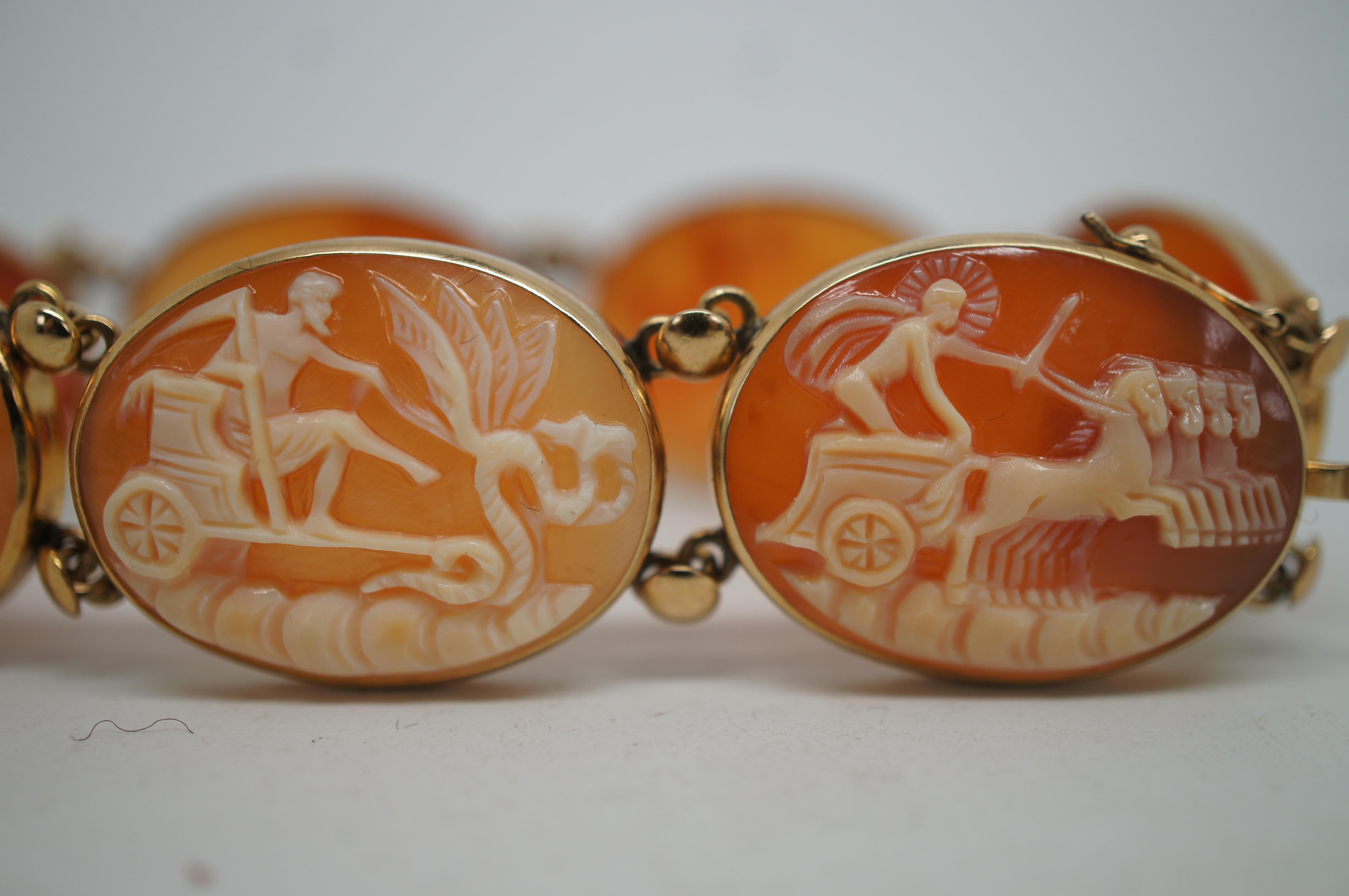 Vintage 14K Gold Neoclassical Cameo Shell Bracelet Roman Chariots Gods 7.5 For Sale 3