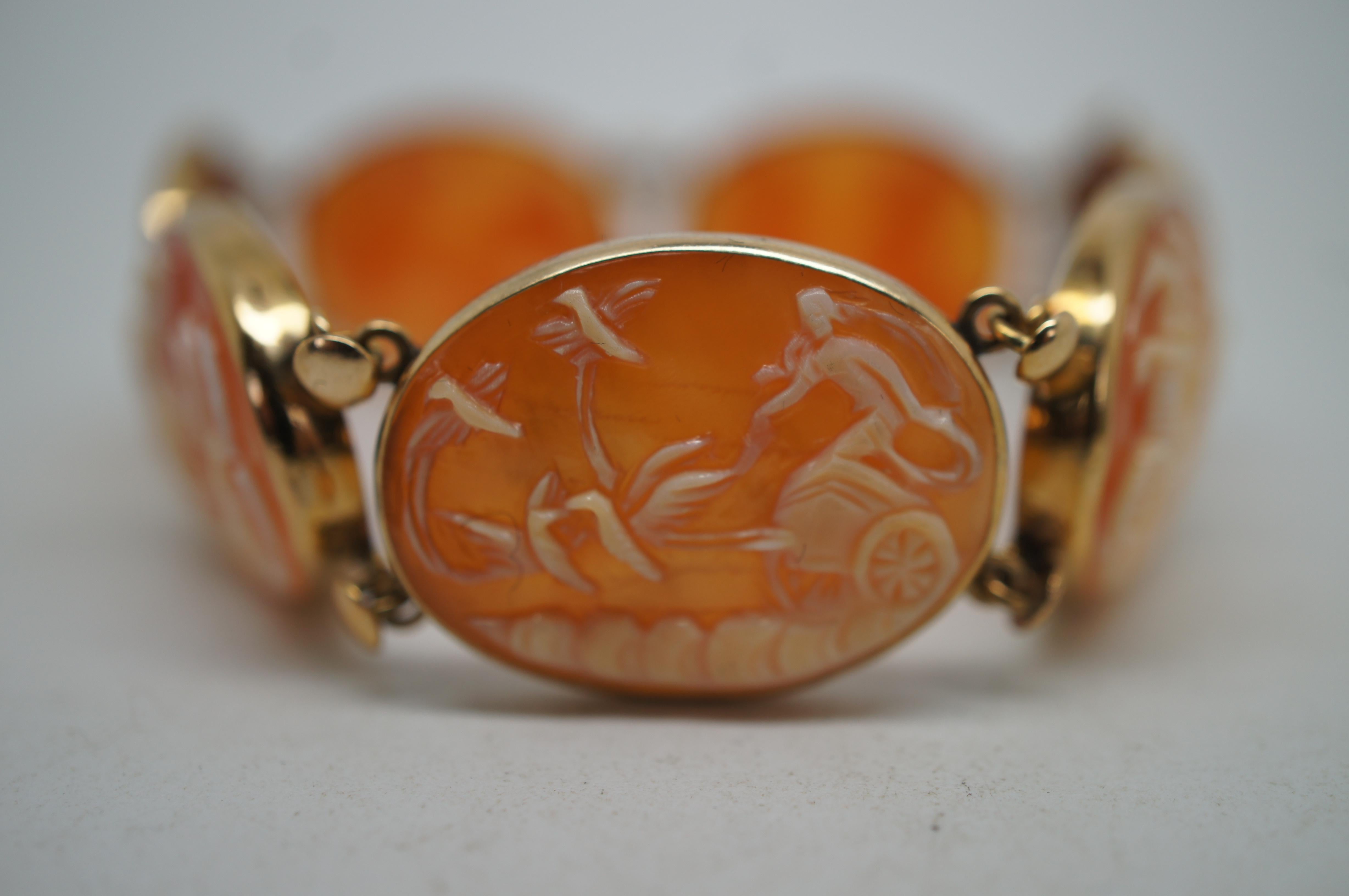 Vintage 14K Gold Neoclassical Cameo Shell Bracelet Roman Chariots Gods 7.5 For Sale 4