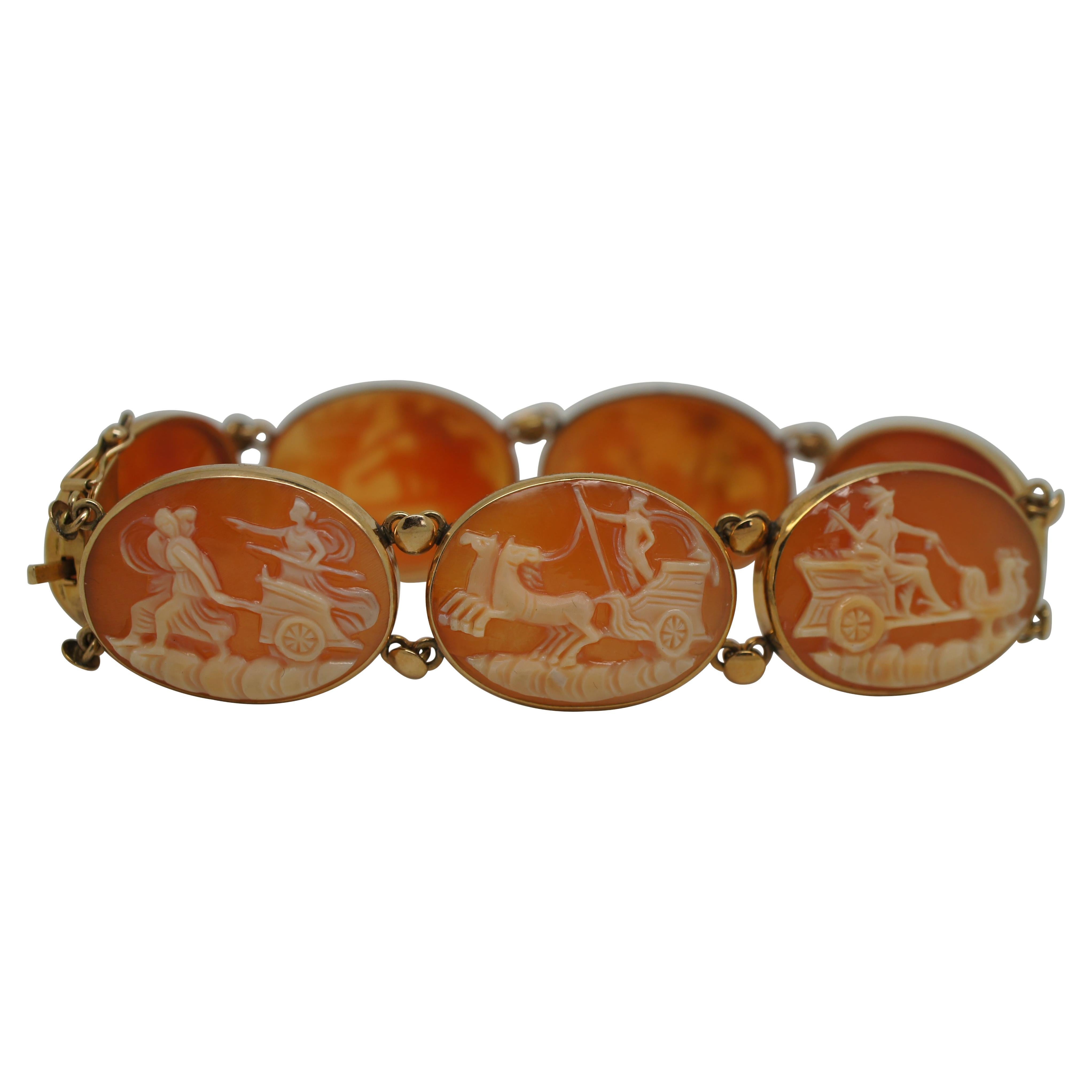 Vintage 14K Gold Neoclassical Cameo Shell Bracelet Roman Chariots Gods 7.5 For Sale