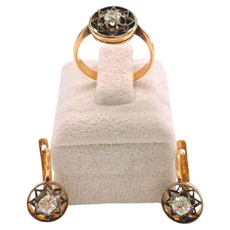 Women's Vintage  Old Mine Cut Diamond Gold Ring and Earrings For Sale