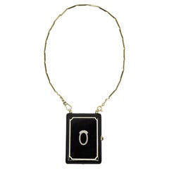 Vintage 14K Gold Onyx Enameled Diamond Makeup Locket Chain