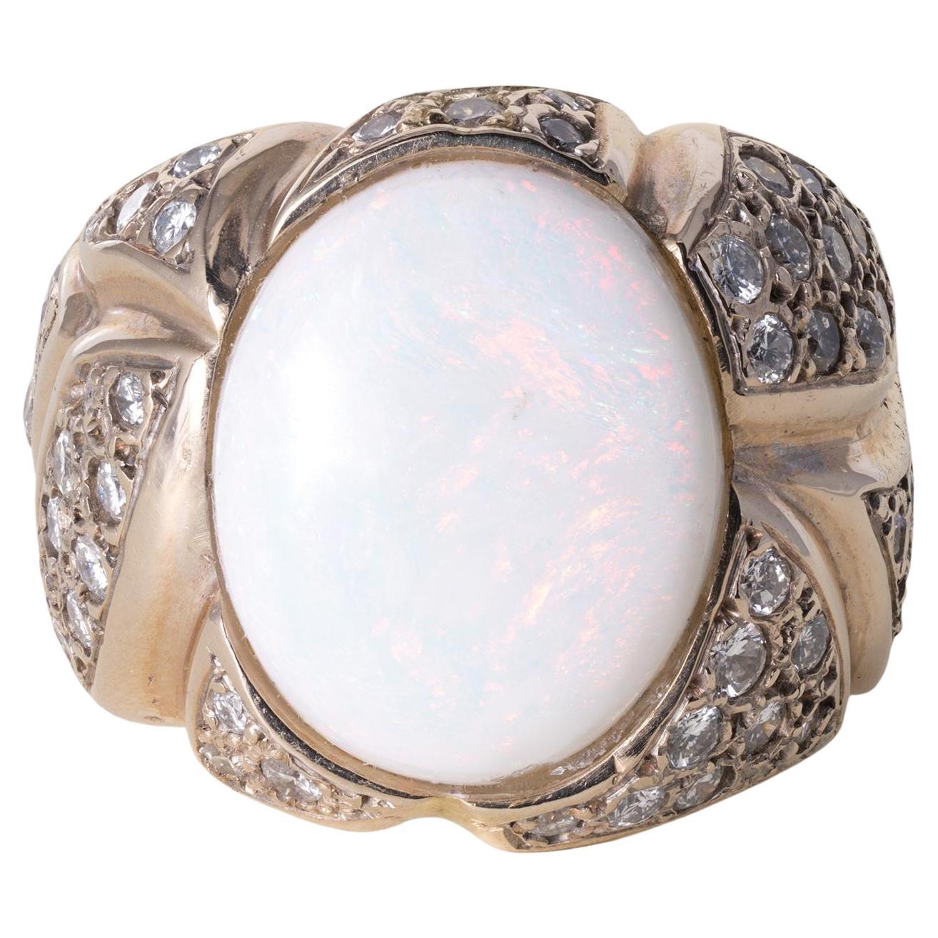 Vintage 14K Gold Opal Bezel Set and Diamond Pave Ring For Sale