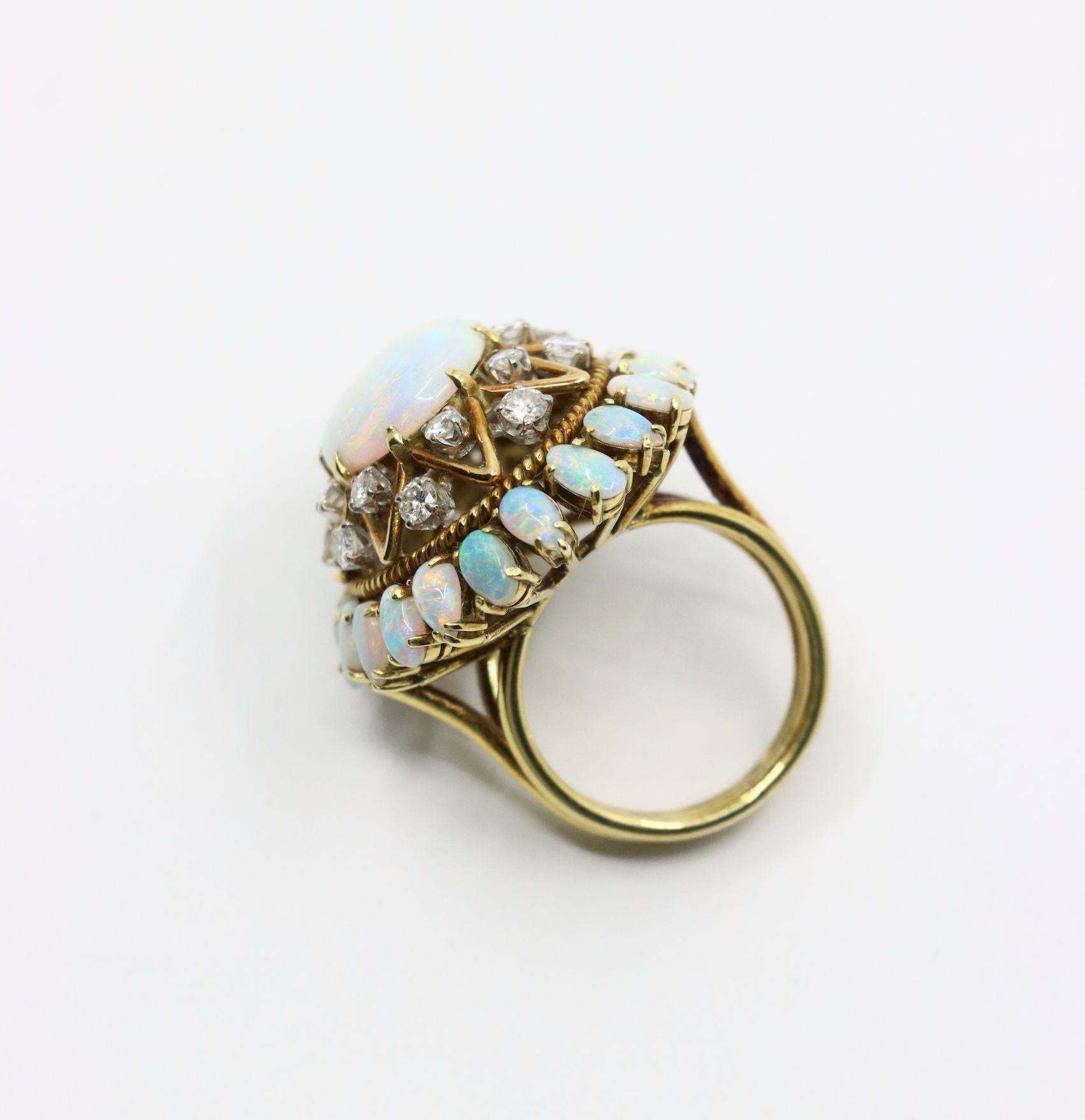 Vintage 14K Gold Opal Diamond Cocktail Ring For Sale 8