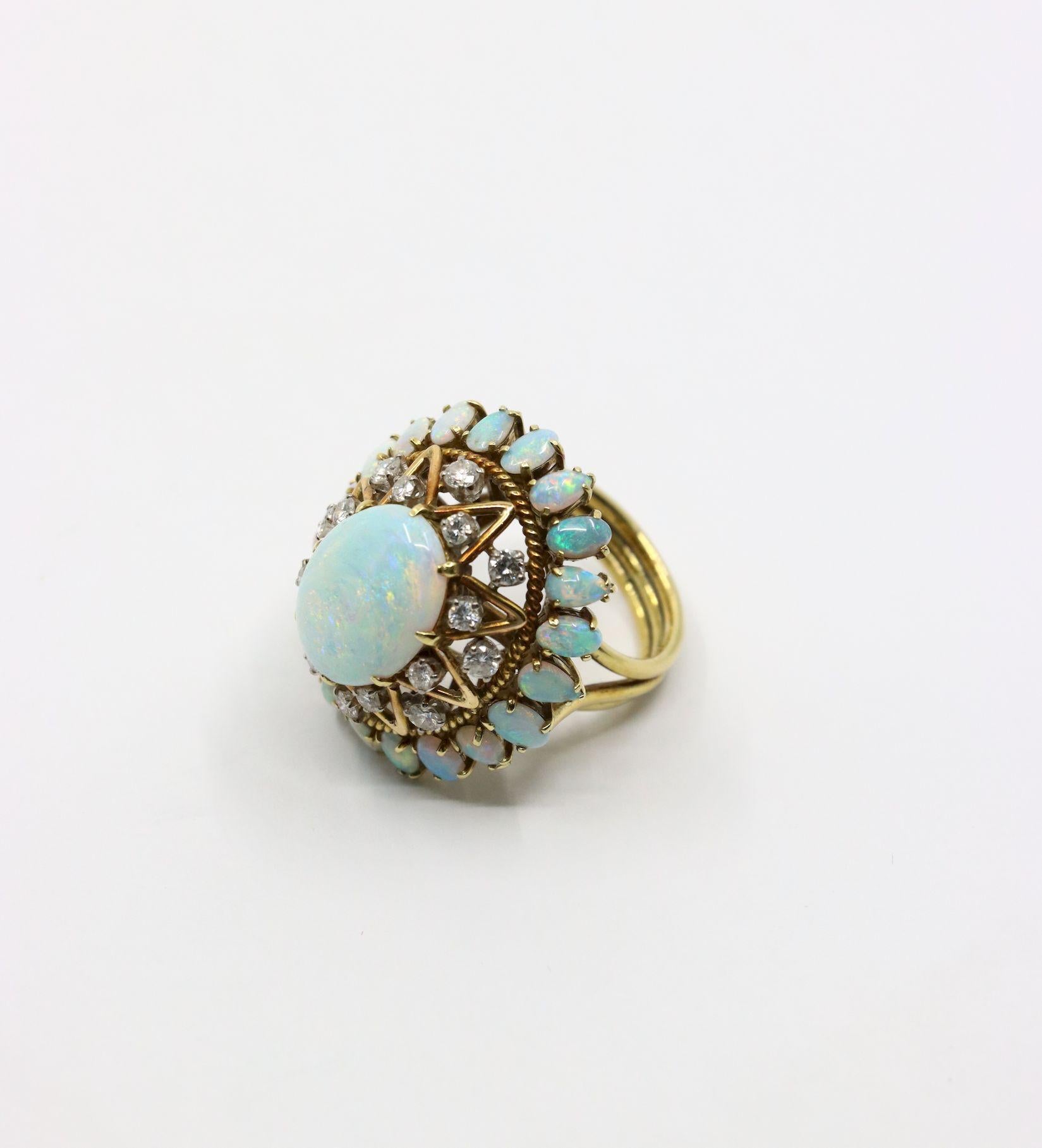 Vintage 14K Gold Opal Diamond Cocktail Ring For Sale 9