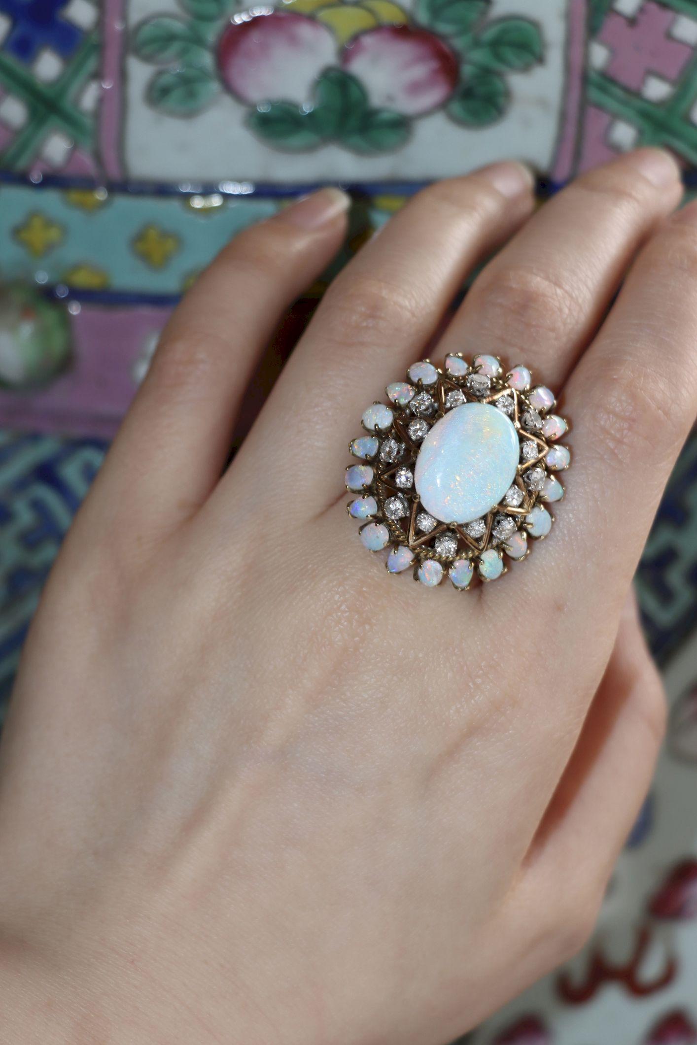 Cabochon Vintage 14K Gold Opal Diamond Cocktail Ring For Sale