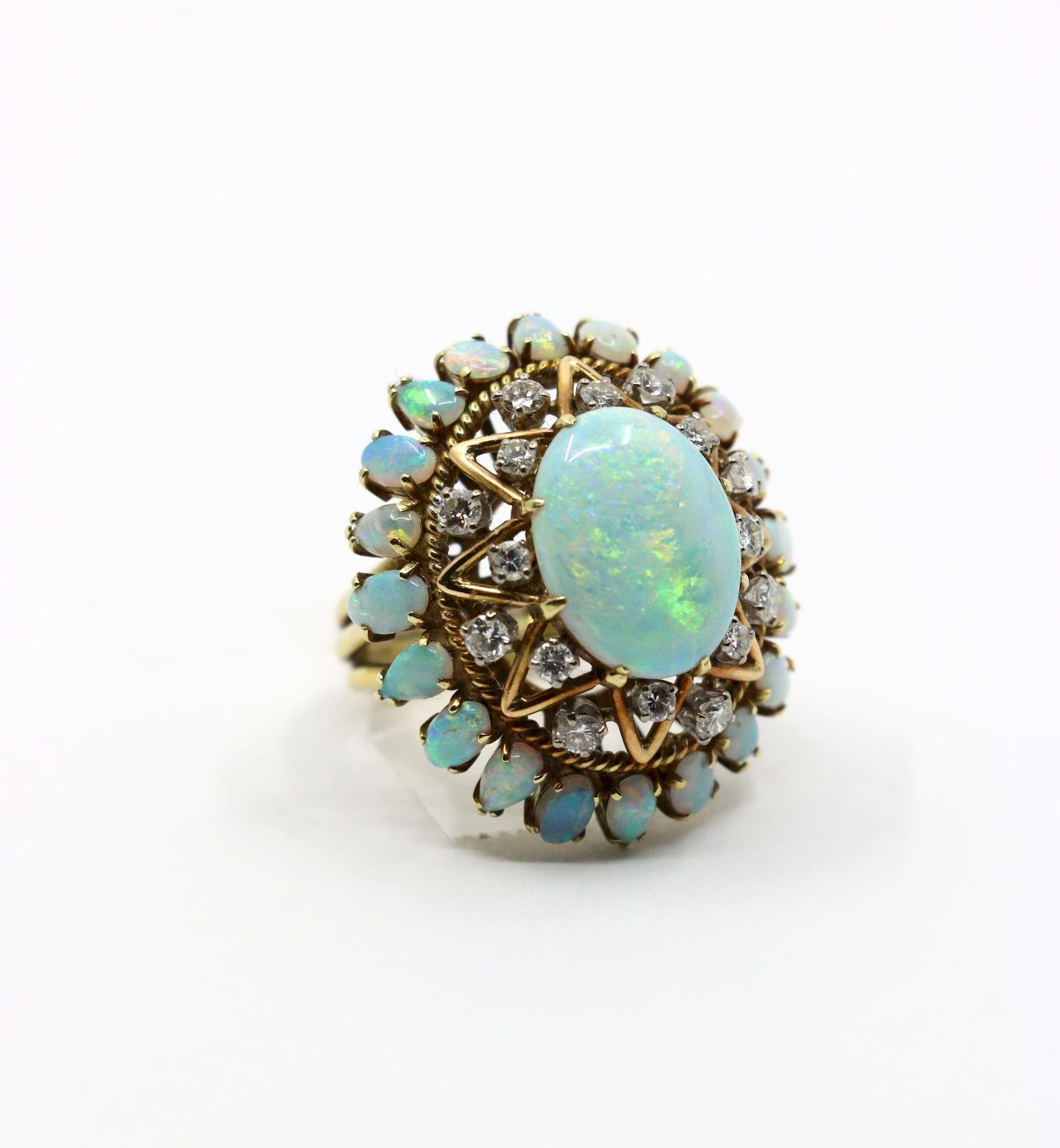 Women's Vintage 14K Gold Opal Diamond Cocktail Ring For Sale