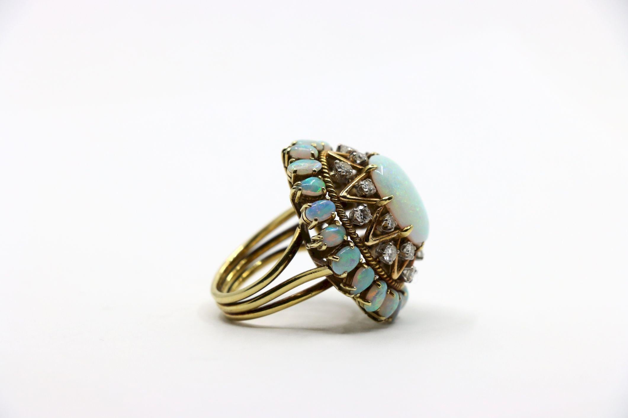 Vintage 14K Gold Opal Diamond Cocktail Ring For Sale 1