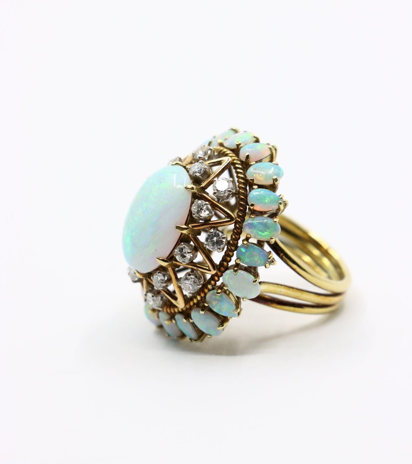 Vintage 14K Gold Opal Diamond Cocktail Ring For Sale 3
