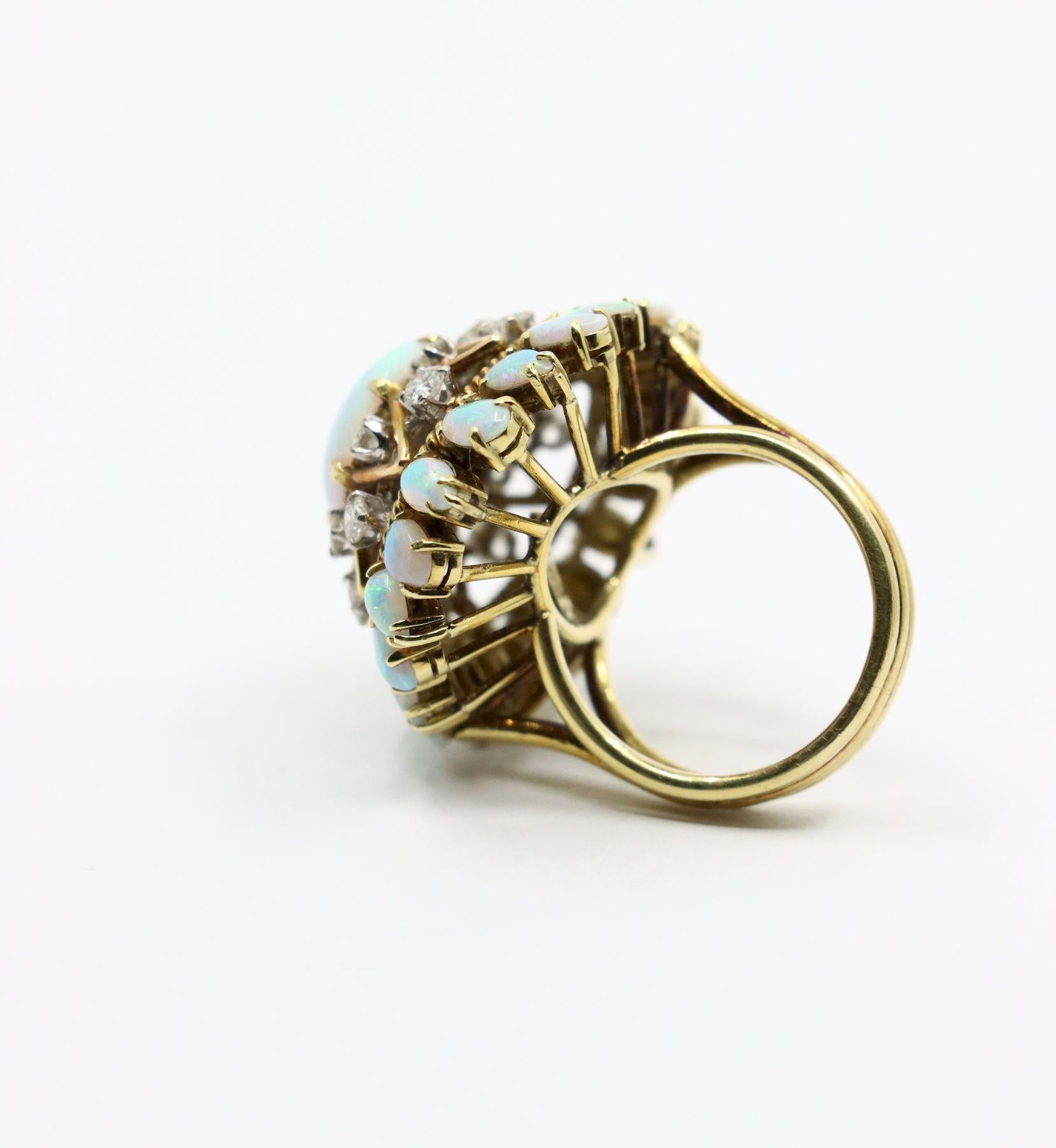 Vintage 14K Gold Opal Diamond Cocktail Ring For Sale 4