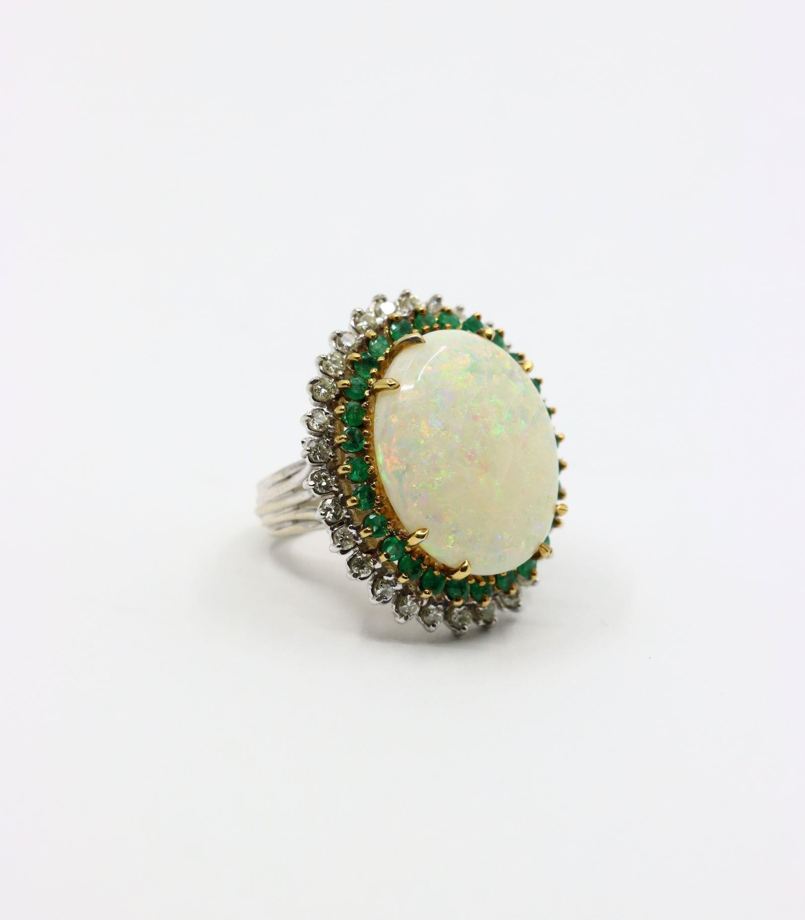 Vintage 14K Gold Opal Emerald Diamond Cocktail Ring For Sale 5