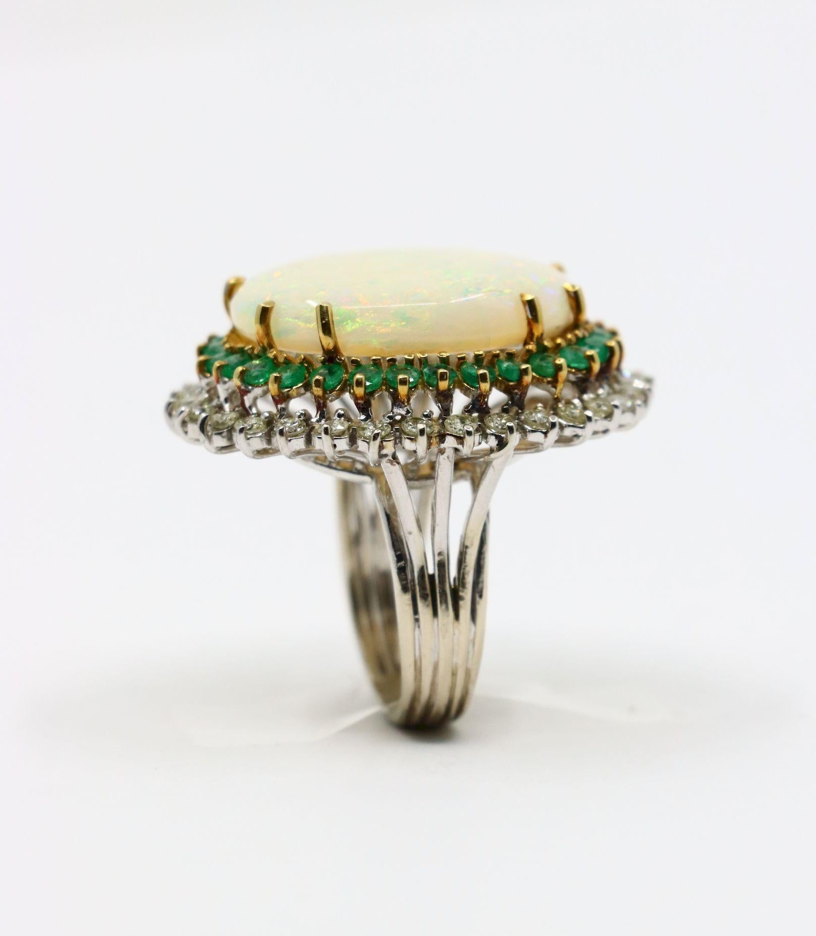 Vintage 14K Gold Opal Emerald Diamond Cocktail Ring For Sale 9