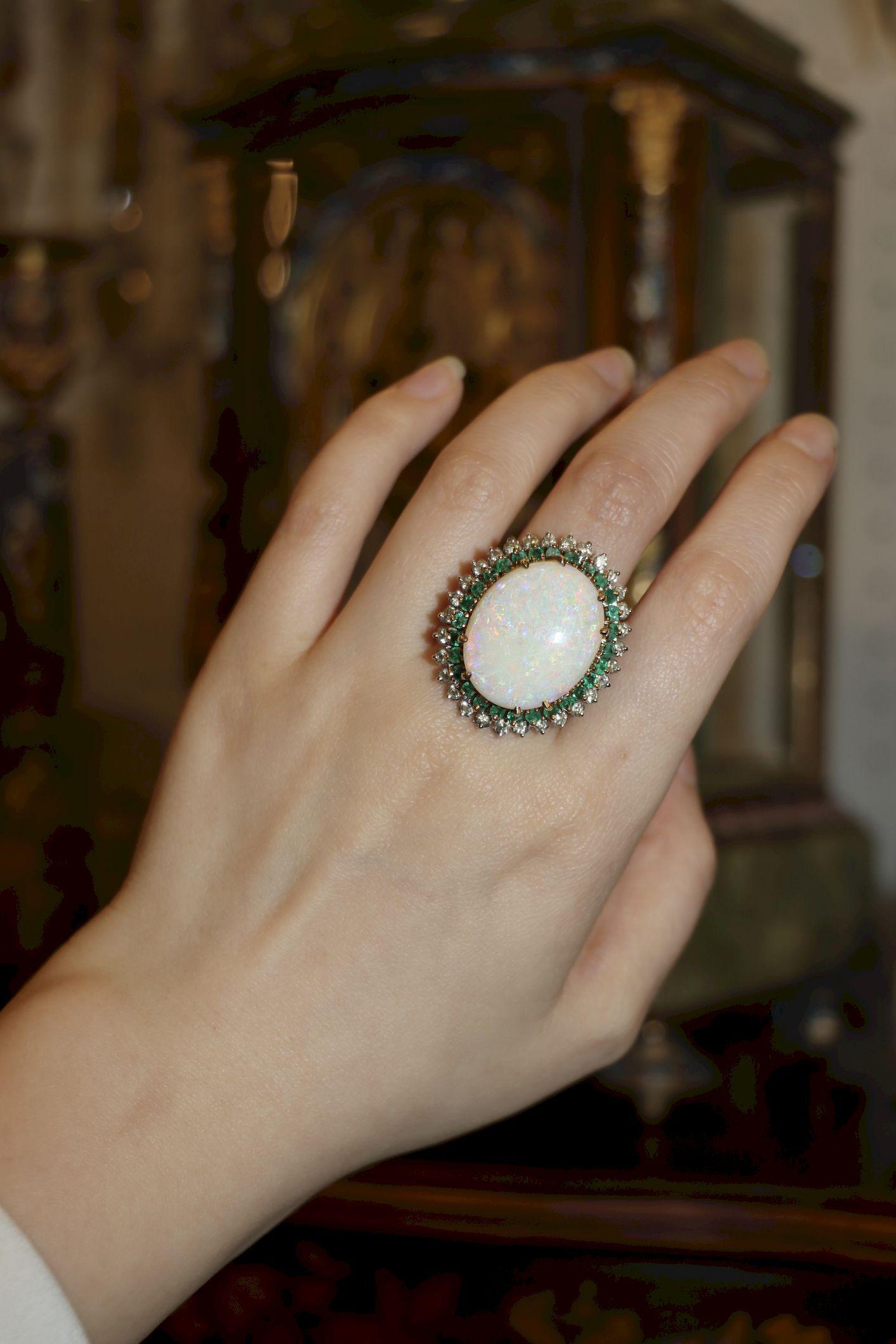 Oval Cut Vintage 14K Gold Opal Emerald Diamond Cocktail Ring For Sale