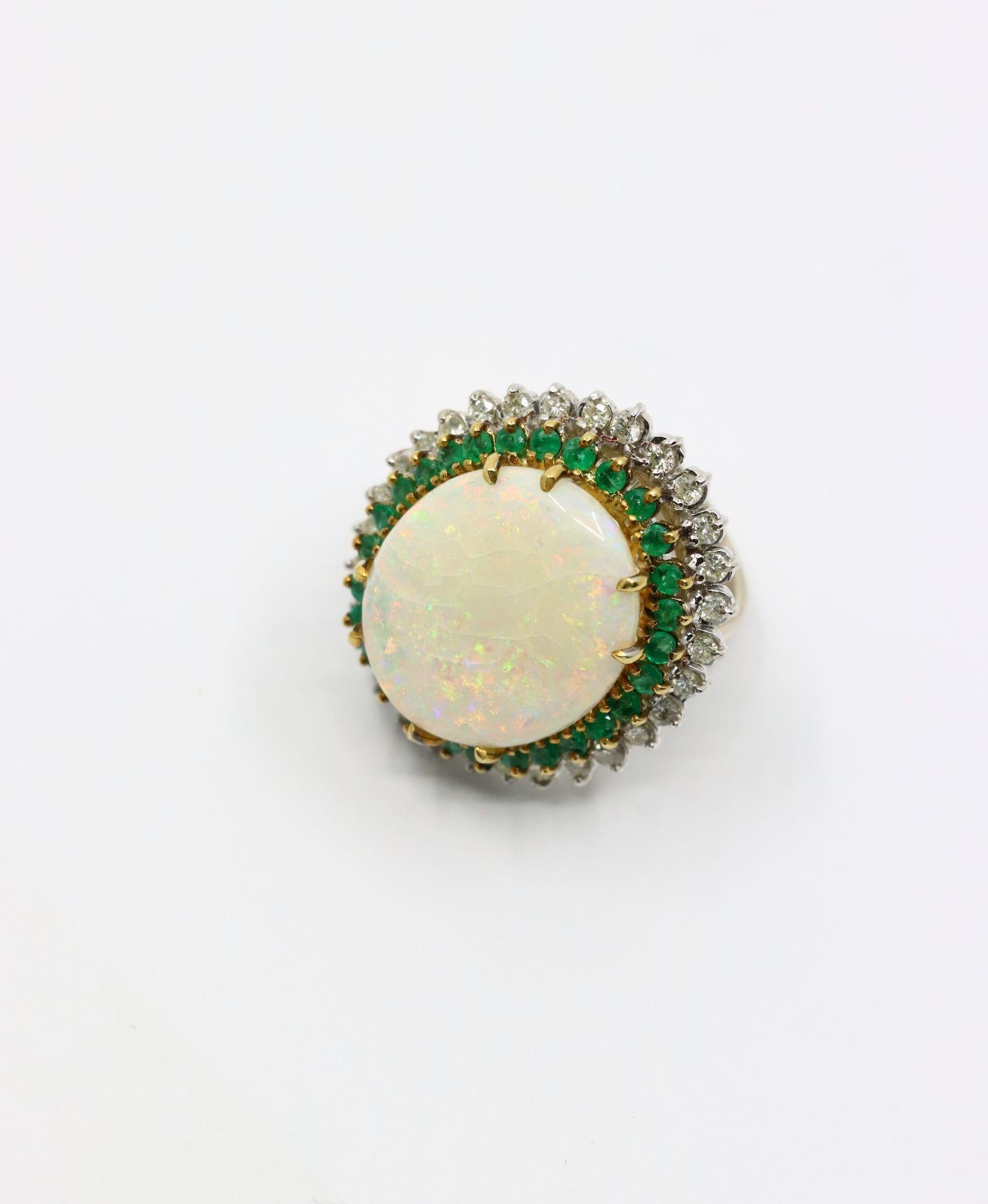 Women's Vintage 14K Gold Opal Emerald Diamond Cocktail Ring For Sale