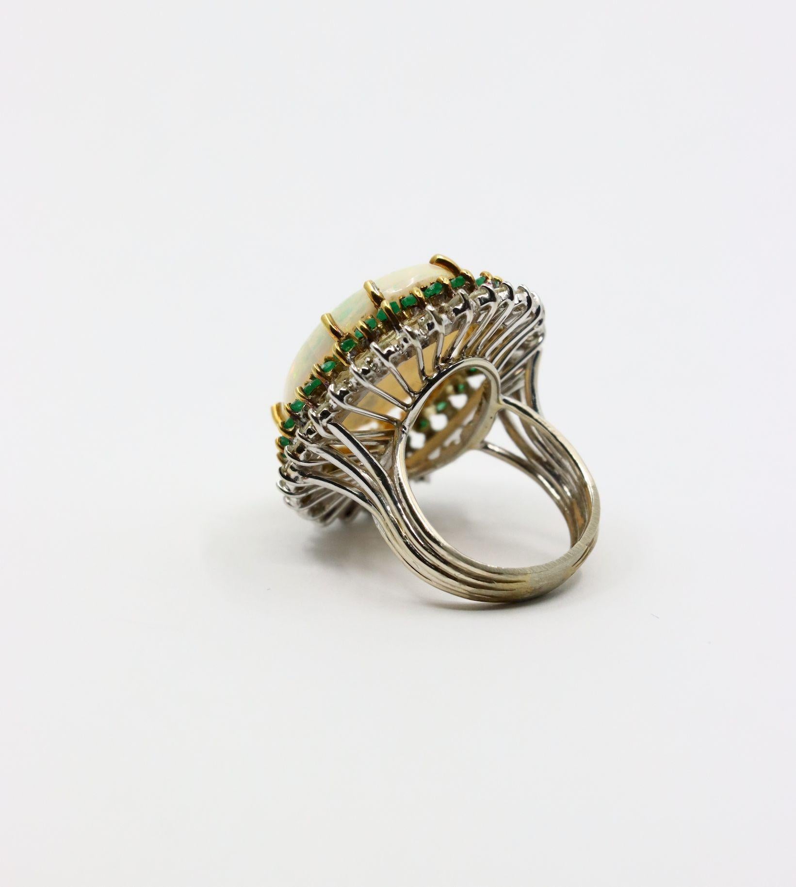 Vintage 14K Gold Opal Emerald Diamond Cocktail Ring For Sale 2