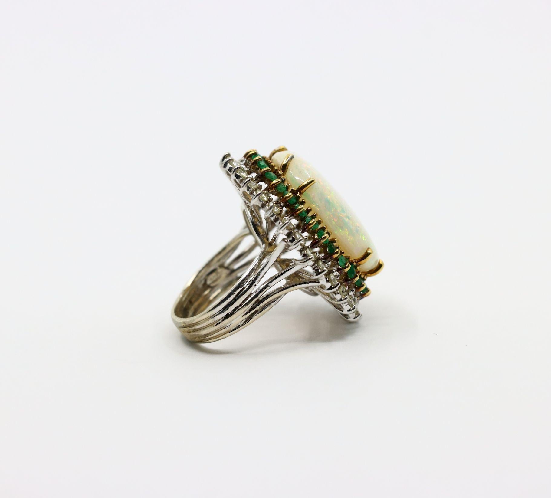 Vintage 14K Gold Opal Emerald Diamond Cocktail Ring For Sale 3