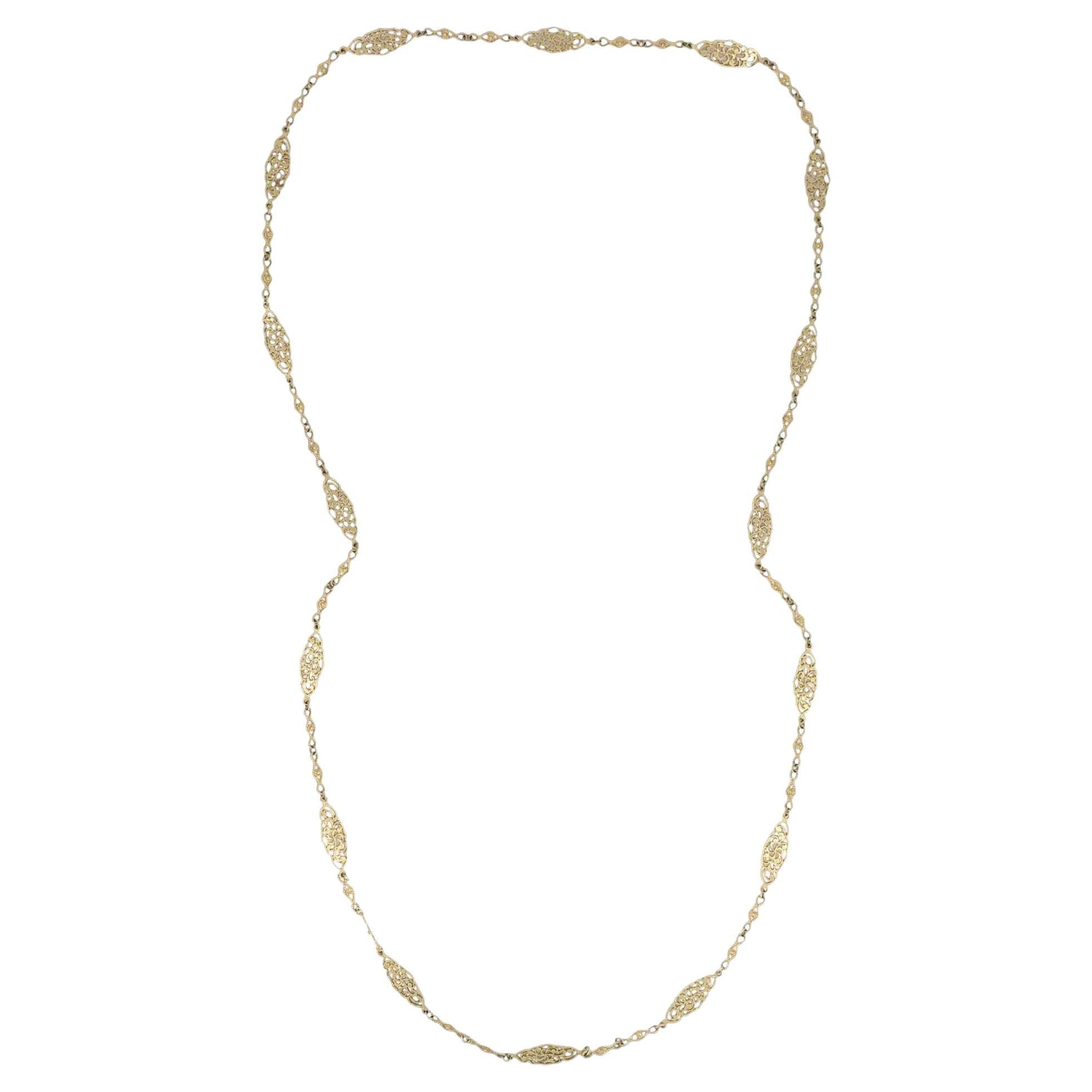 Vintage 14K Gold Openwork Filigree Marquise Long Chain Necklace, 1970s For Sale