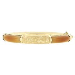 Vintage 14K Gold Orange Jade w/ Hand Engraved Floral Work Hinged Bangle Bracelet