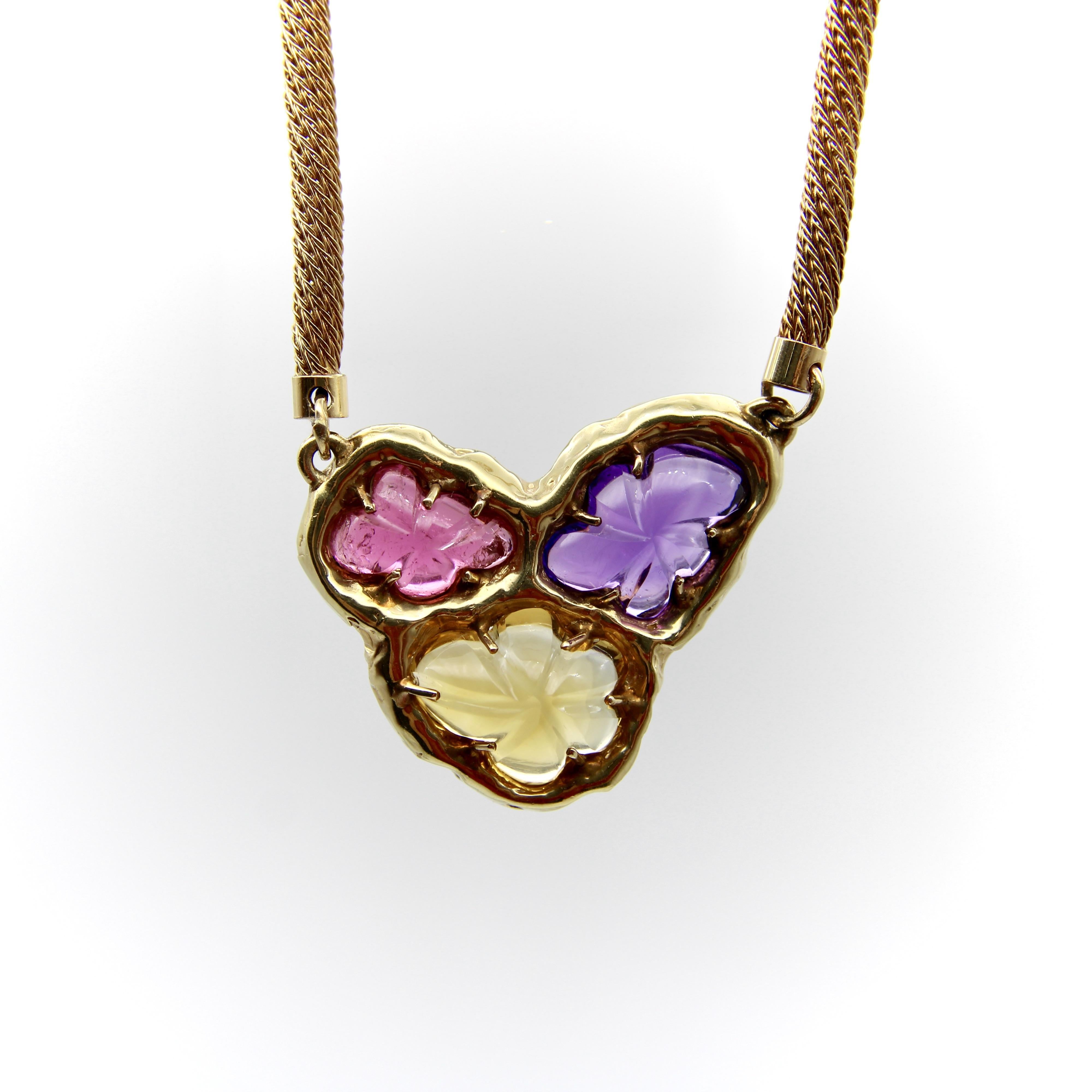 Modern Vintage 14K Gold Organic Carved Amethyst, Citrine, and Tourmaline Necklace For Sale