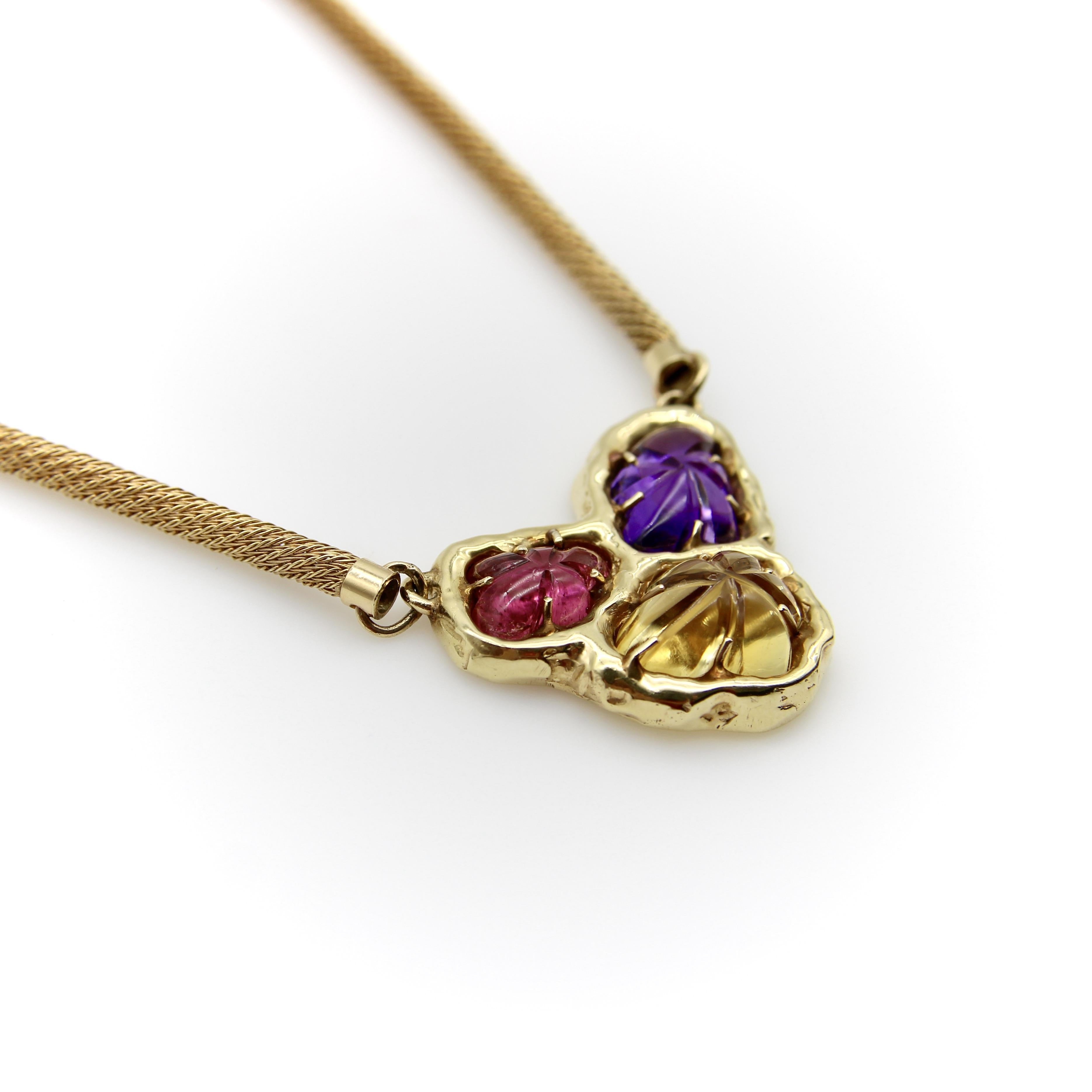 Cabochon Vintage 14K Gold Organic Carved Amethyst, Citrine, and Tourmaline Necklace For Sale