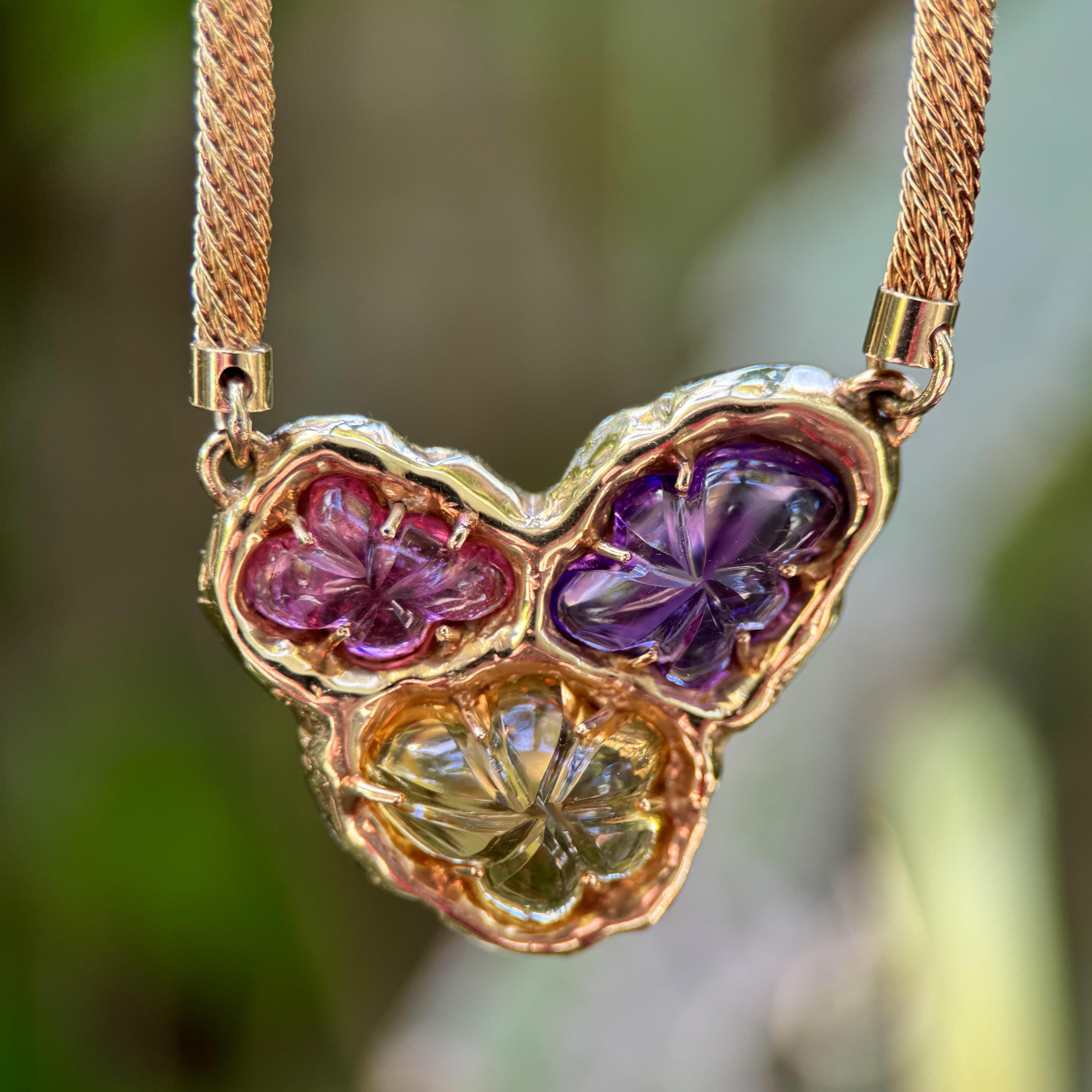 Vintage 14K Gold Organic Carved Amethyst, Citrine, and Tourmaline Necklace In Good Condition For Sale In Venice, CA