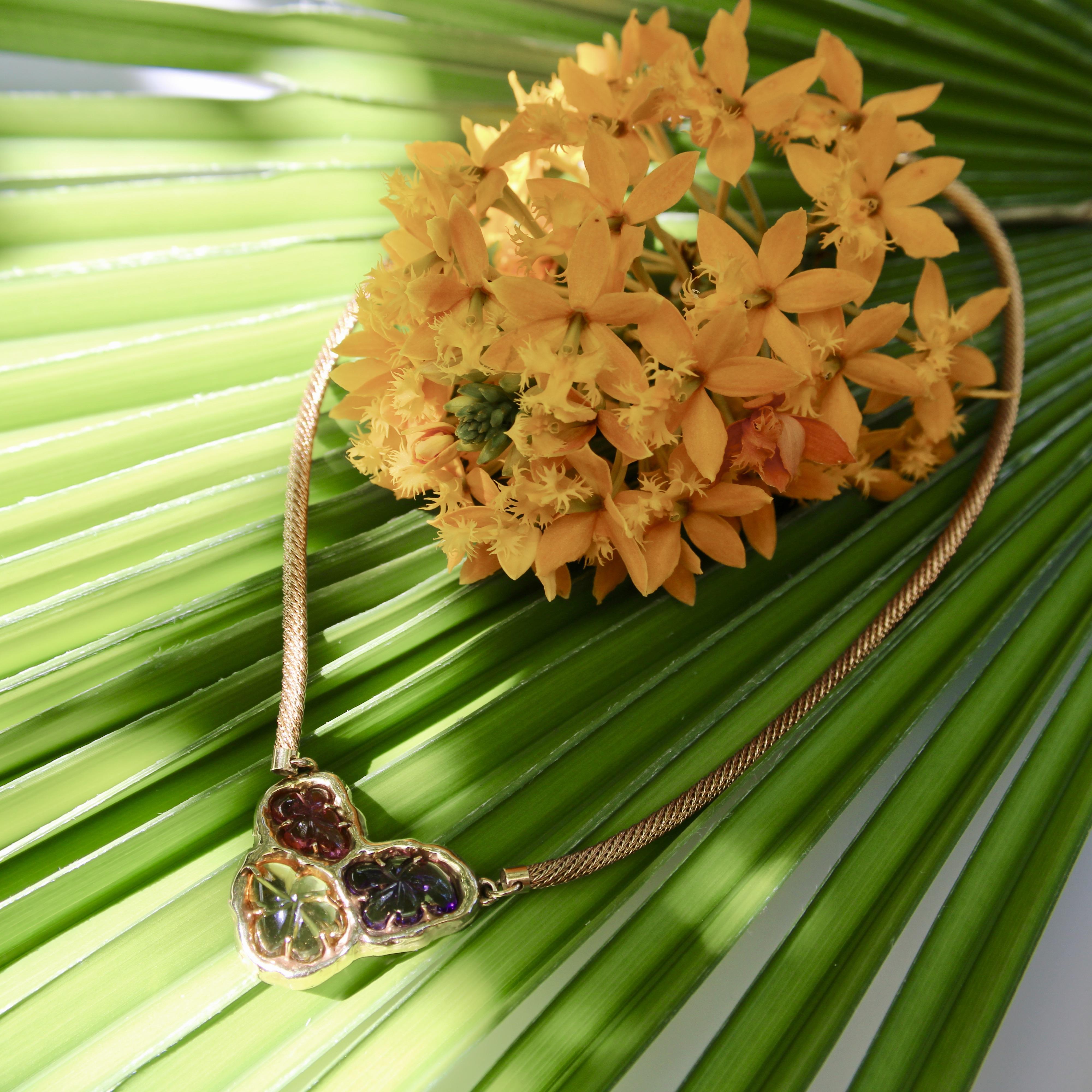 Women's or Men's Vintage 14K Gold Organic Carved Amethyst, Citrine, and Tourmaline Necklace For Sale