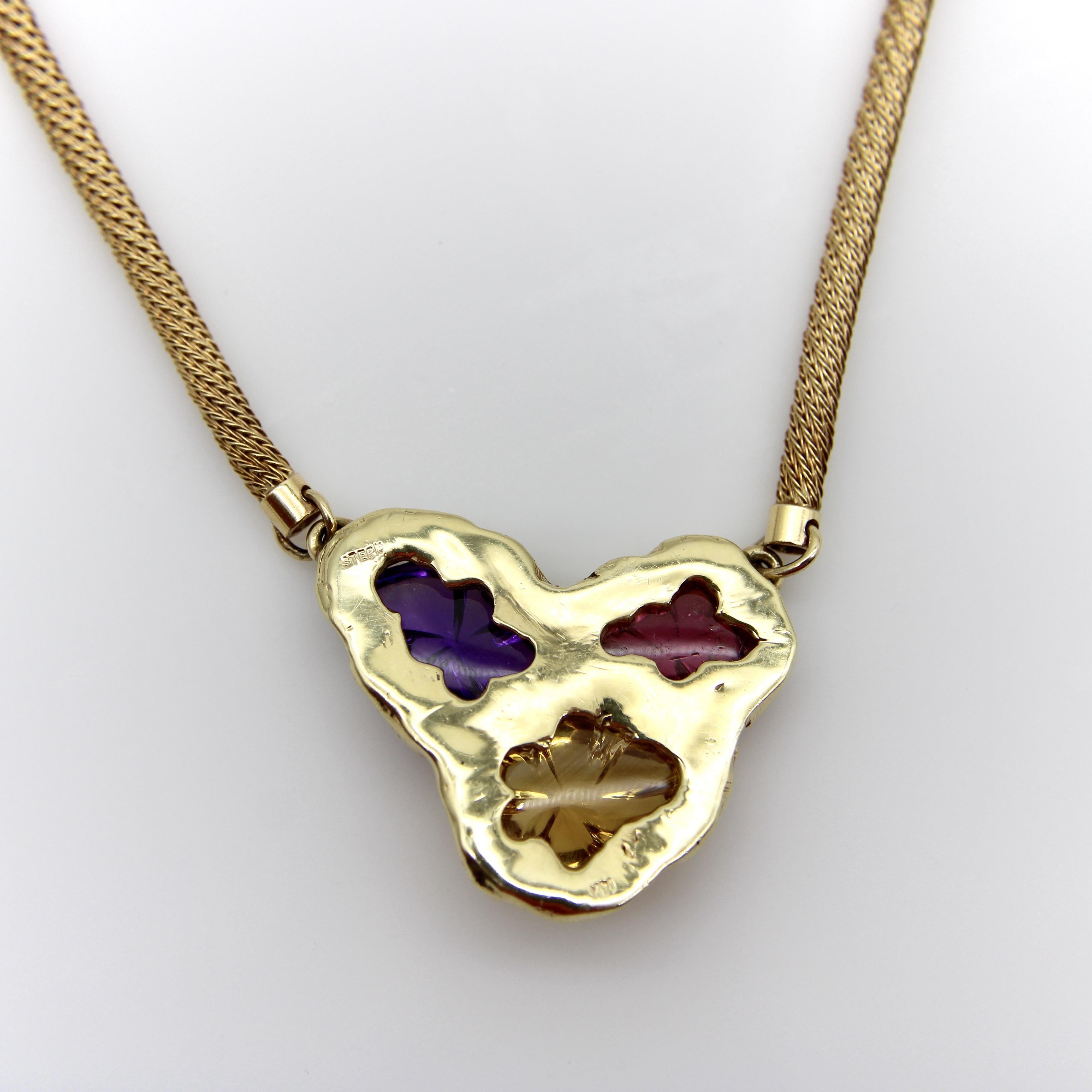 Vintage 14K Gold Organic Carved Amethyst, Citrine, and Tourmaline Necklace For Sale 1