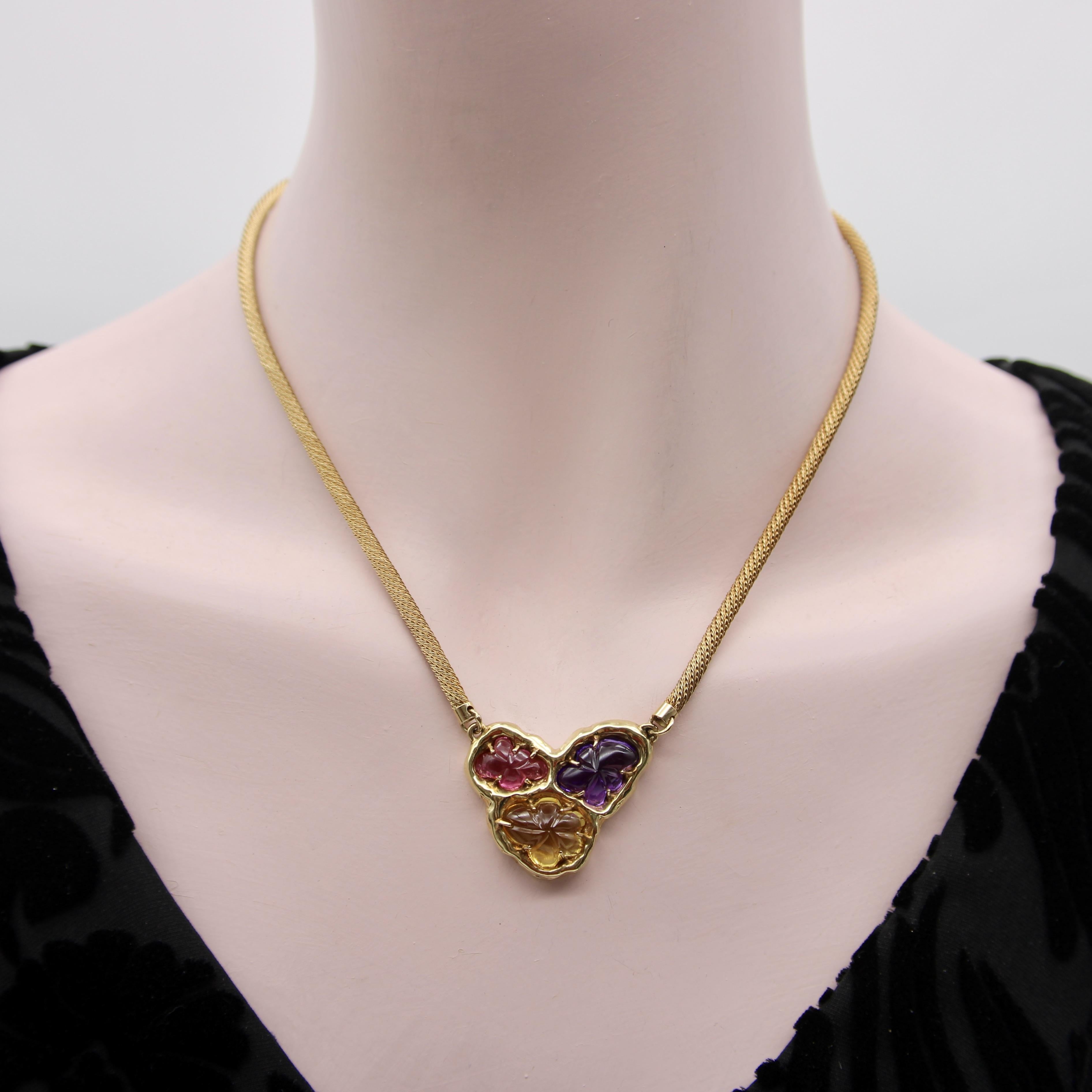 Vintage 14K Gold Organic Carved Amethyst, Citrine, and Tourmaline Necklace For Sale 3