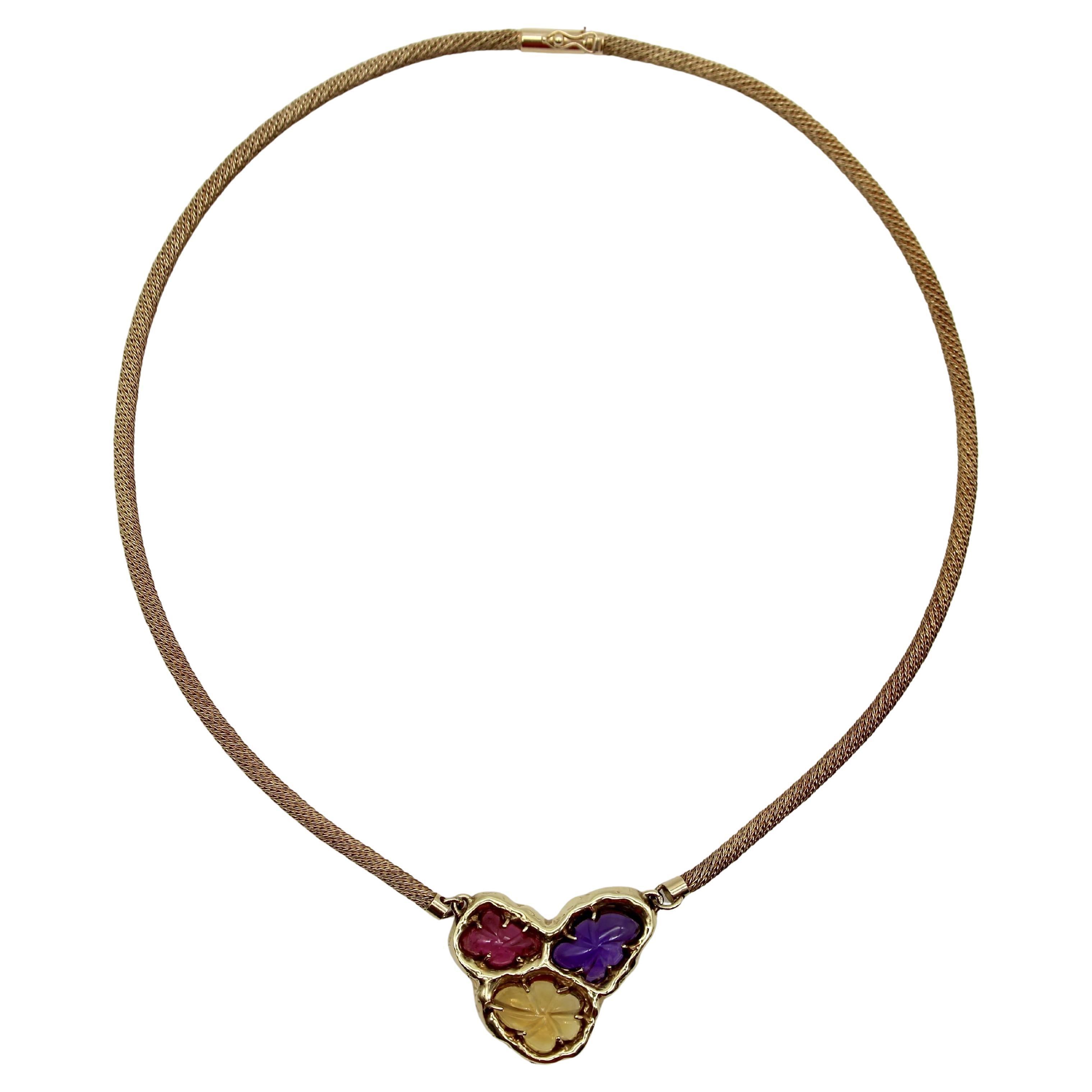 Vintage 14K Gold Organic Carved Amethyst, Citrine, and Tourmaline Necklace
