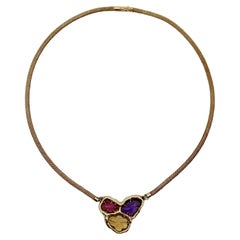 Vintage 14K Gold Organic Carved Amethyst, Citrine, and Tourmaline Necklace