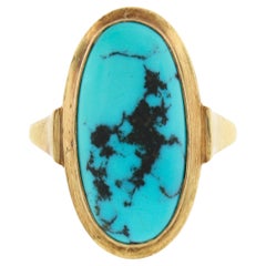 Vintage 14k Gold Oval Cabochon Bezel Matrix Turquoise Solitaire Cocktail Ring