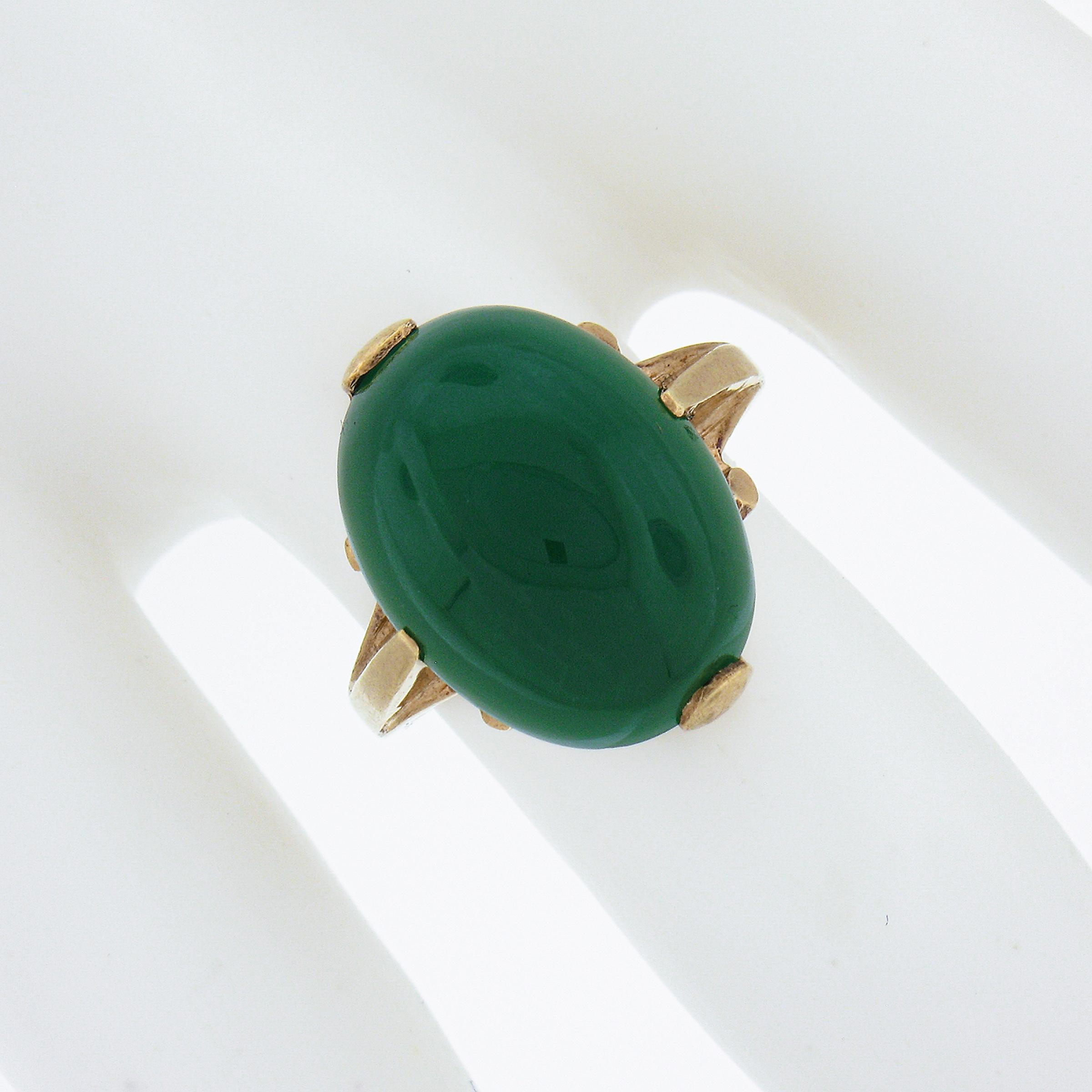 Women's or Men's Vintage 14K Gold Oval Cabochon Cut Panel Prong Set Chrysoprase Solitaire Ring For Sale