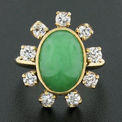 Vintage 14k Gold Oval Cabochon Jade & 1.1ct European Diamond Halo Cocktail Ring