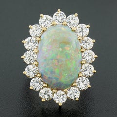 Vintage 14k Gold Oval Cabochon Opal Cocktail Ring w/ 4.00ctw Round Diamond Halo