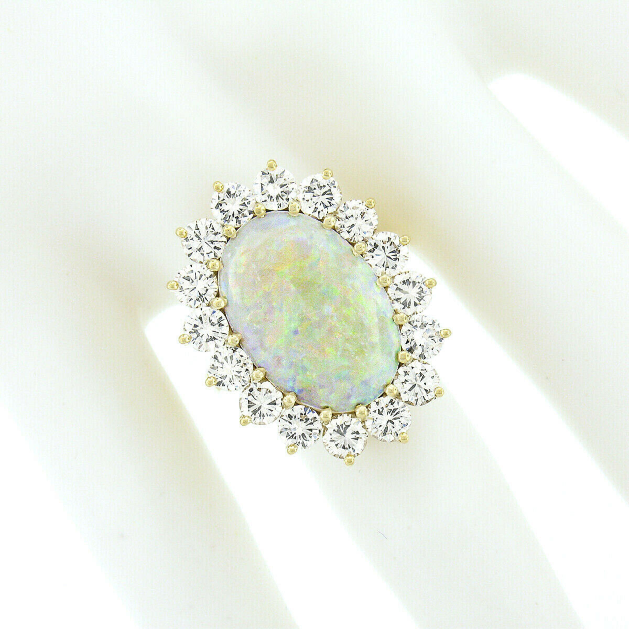 Vintage 14k Gold Oval Cabochon Opal Cocktail Ring w/ 4.00ctw Round Diamond Halo In Good Condition For Sale In Montclair, NJ
