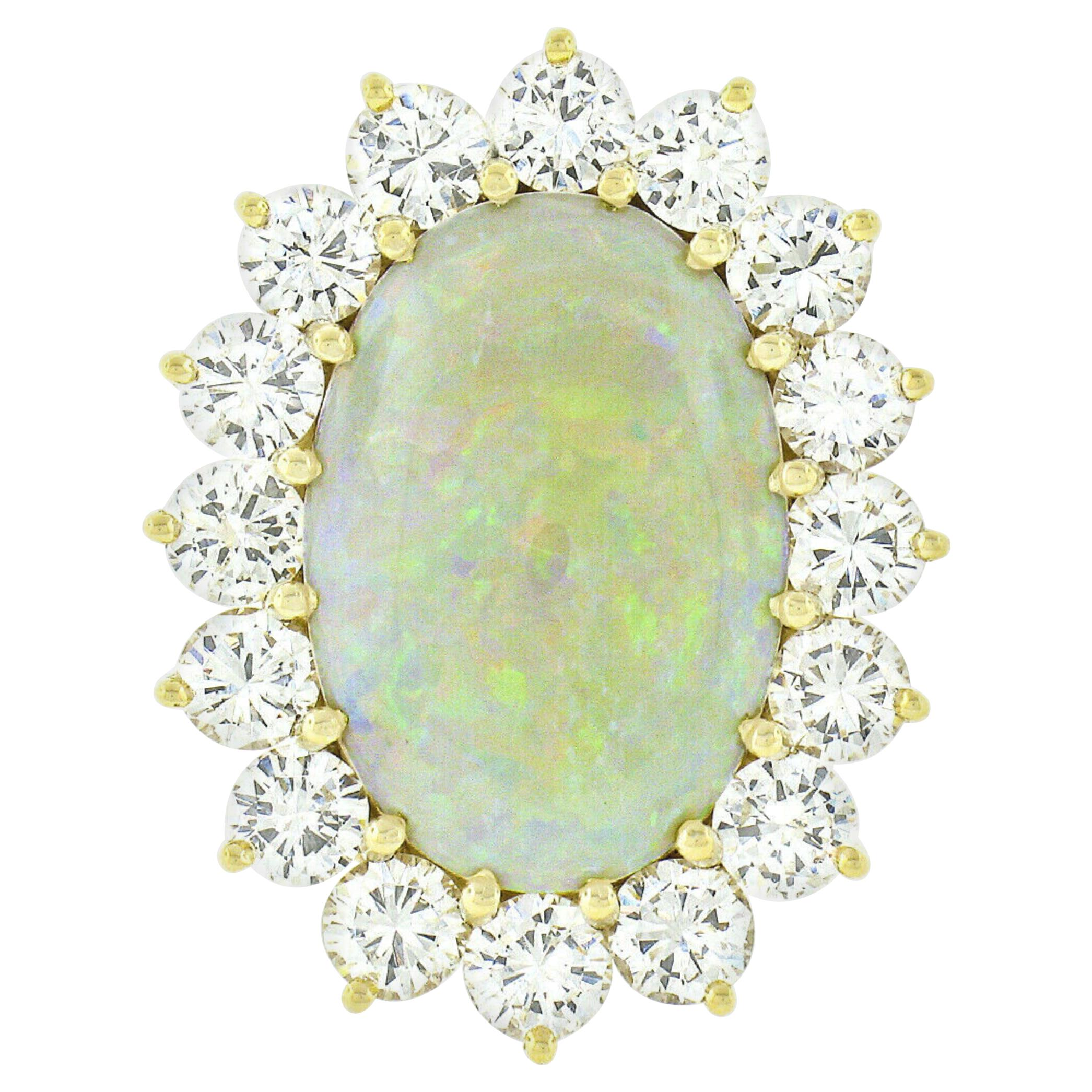 Vintage 14k Gold Oval Cabochon Opal Cocktail Ring w/ 4.00ctw Round Diamond Halo For Sale