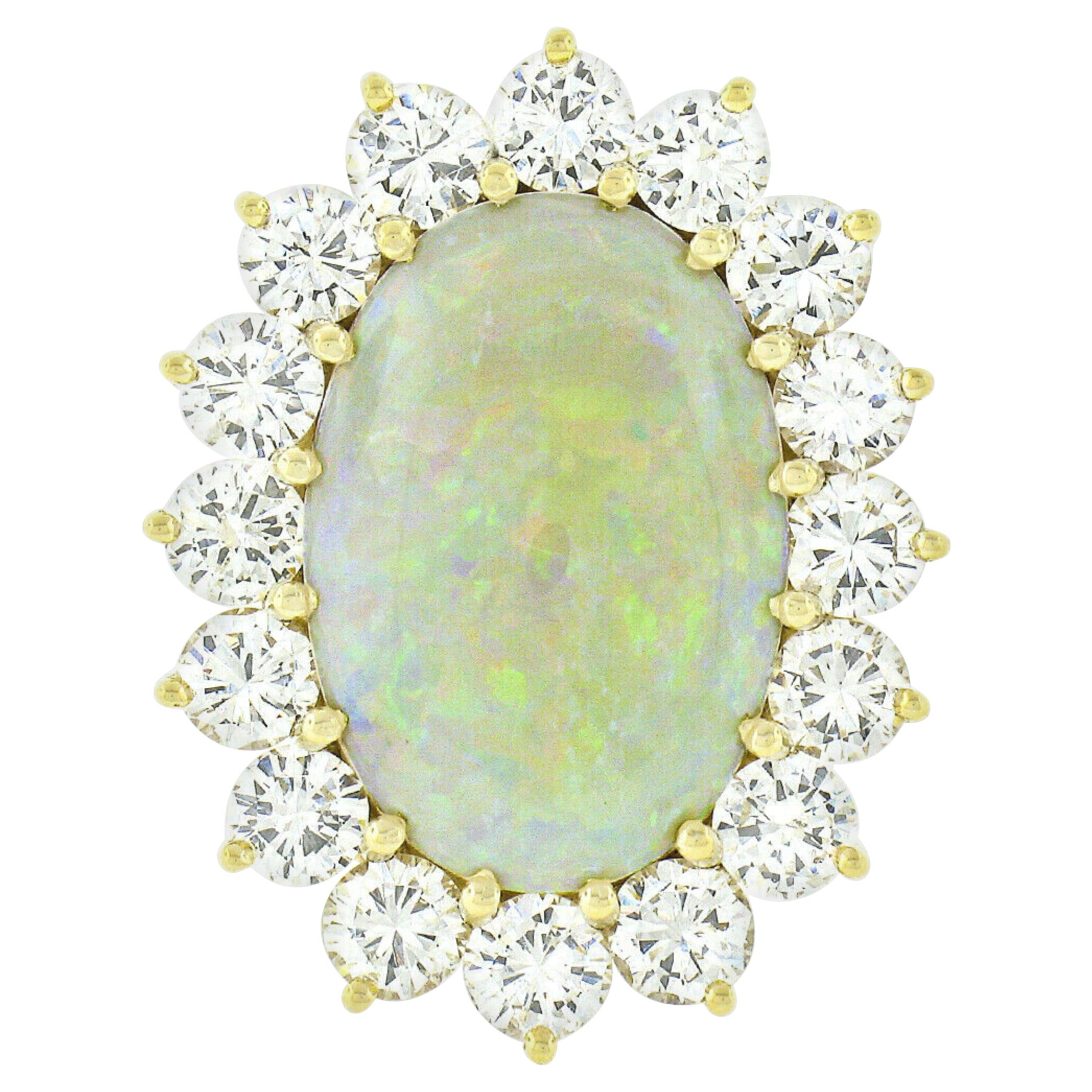 Vintage 14k Gold Oval Cabochon Opal Cocktail Ring w/ 4.00ctw Round Diamond Halo