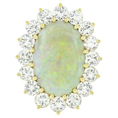 Retro 14k Gold Oval Cabochon Opal Cocktail Ring w/ 4.00ctw Round Diamond Halo