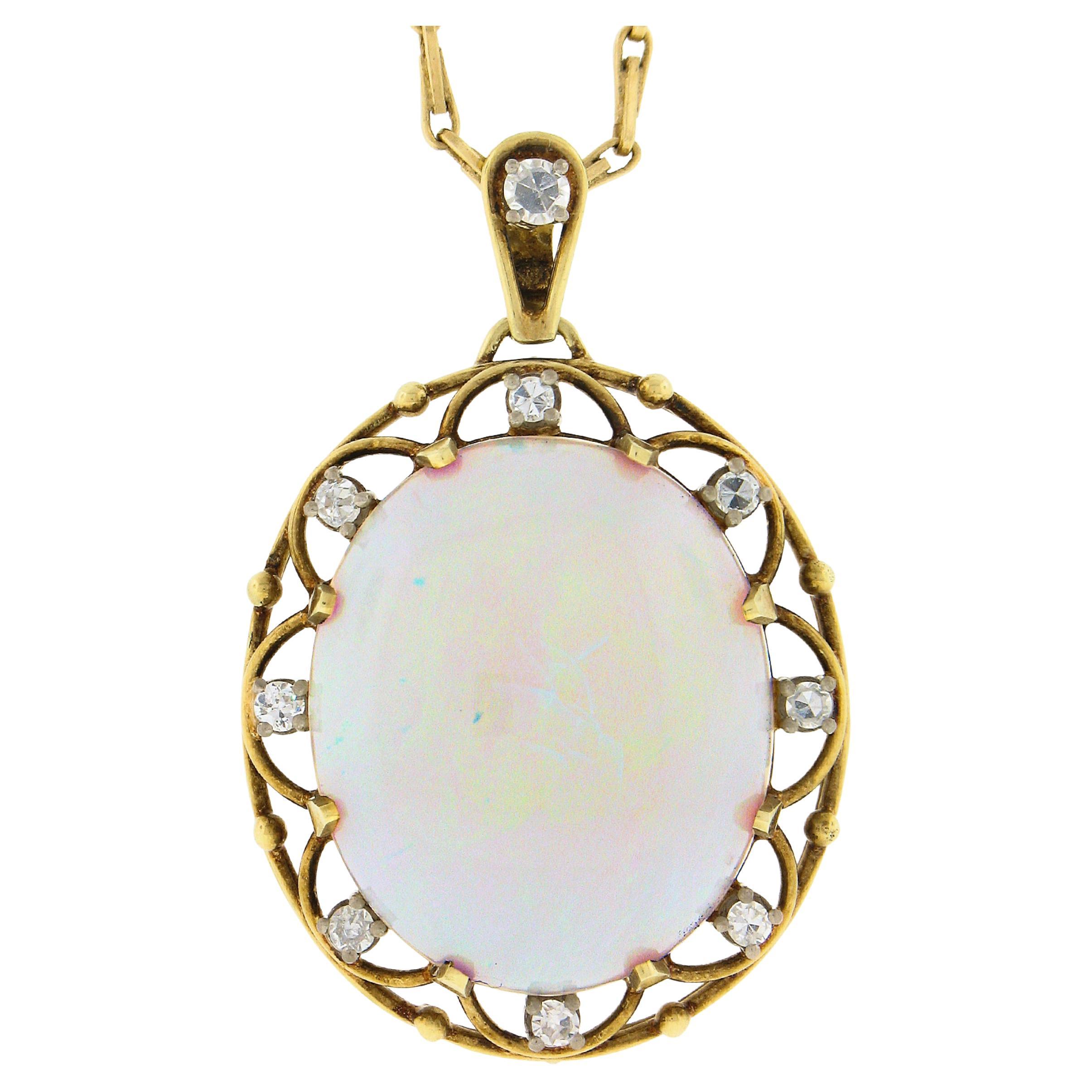 Vintage 14k Gold Oval Cabochon Opal Single Cut Diamond Open Pendant 15.5" Chain For Sale